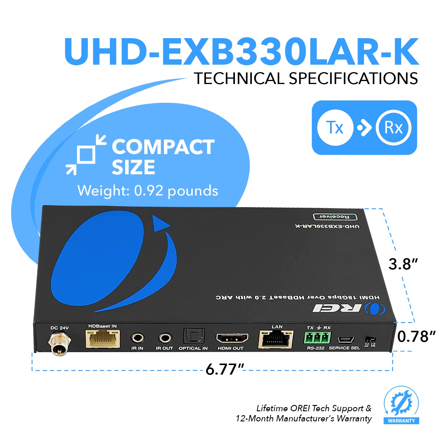 4K HDBaseT HDMI Extender Over CAT6/7 Cable - 330ft Long Range Transmission with Bi-Directional IR, ARC, PoC & RS232 Control (UHD EXB330LAR K) - Perfect for Home Theater, Conference Rooms & Digital Signage