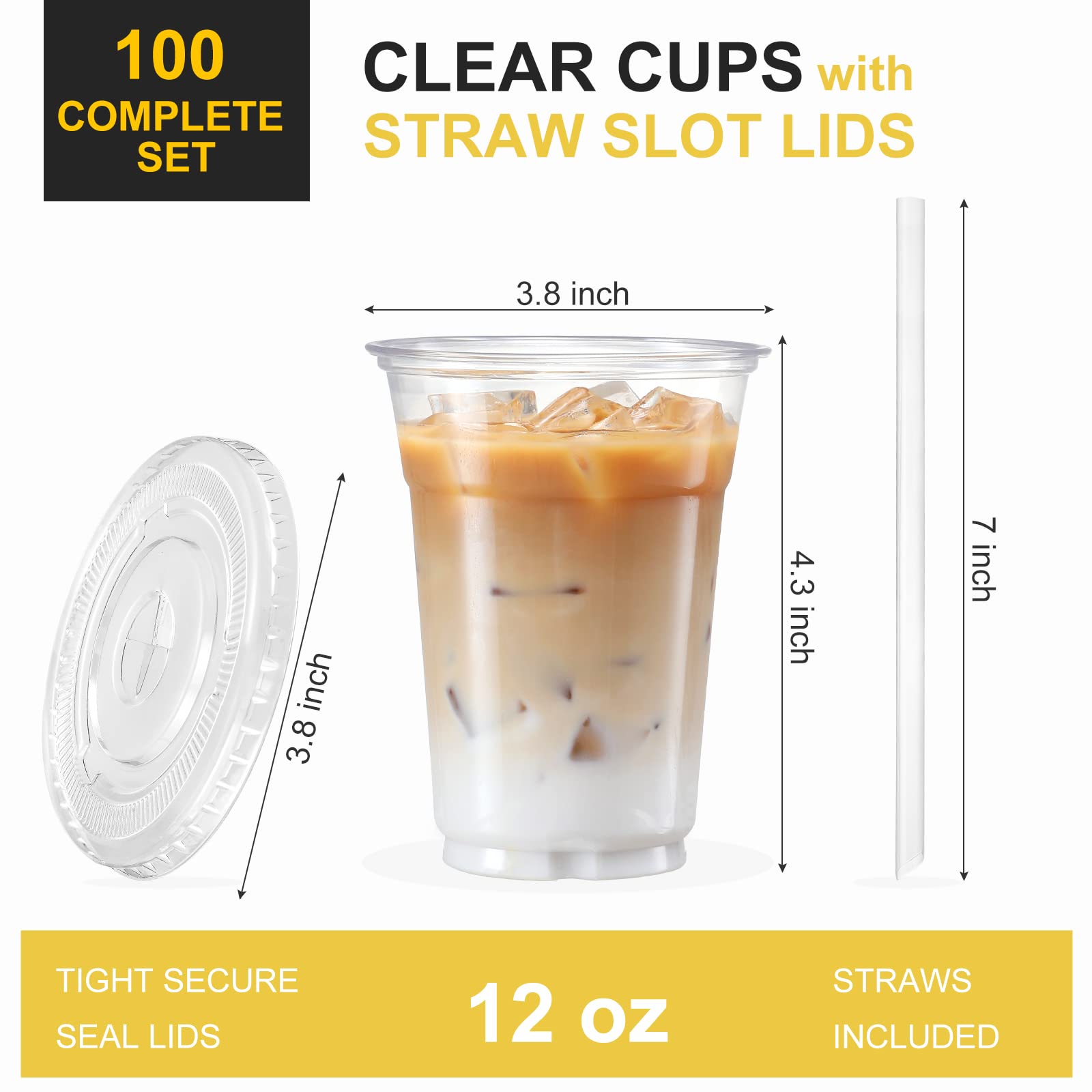 VITEVER 100-Pack 12oz Clear Plastic Cups with Lids and Straws - Disposable Drinkware for Iced Coffee, Smoothies, Milkshakes & Cold Beverages - Perfect for Parties, Picnics, BBQs & Takeout Drinks
