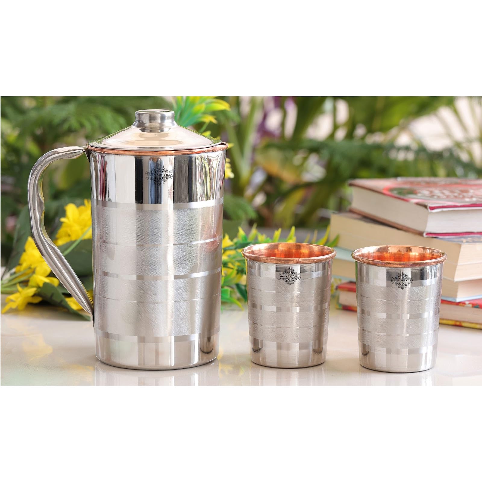 Luxury Indian Art Villa Steel Copper Drinkware Set - 1 Jug (50 Oz) & 2 Glasses (10 Oz) with Elegant Black Gift Box | Perfect for Diwali, Birthday Parties, Weddings & Home Decor | Premium Handcrafted Barware for Cocktails, Juice & Water Serving