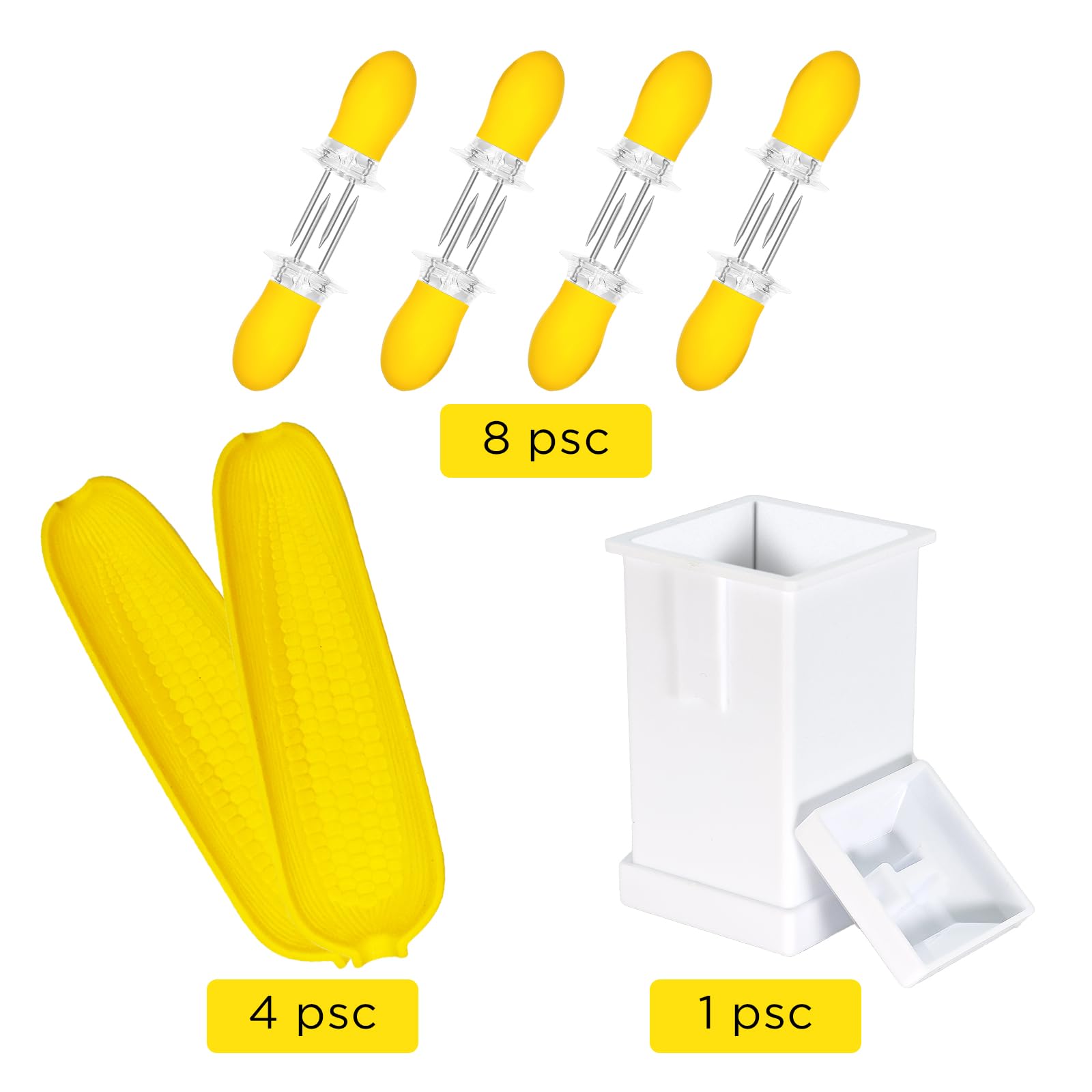 Premium Corn Cob Holders Set - 8 Twin Prong Skewers, 4 Corn Dishes & Butter Spreader - Perfect for BBQ, Picnics & Summer Parties - Durable & Heat-Resistant Corn on the Cob Accessories