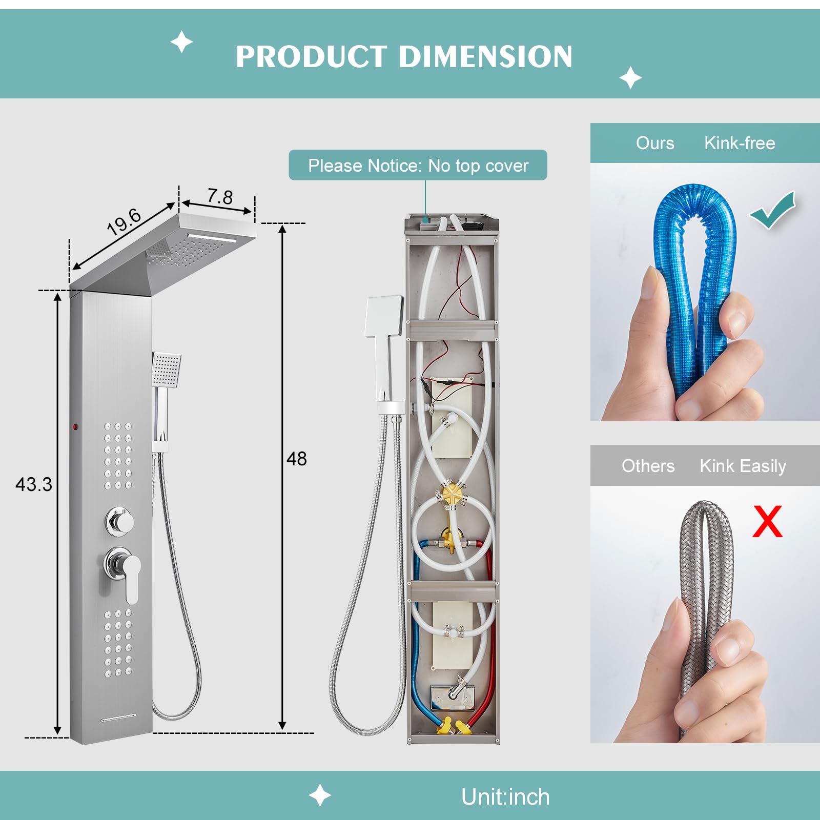 Rainfall LED Shower Panel Tower - 5-in-1 Shower System with Waterfall Showerhead, Adjustable Body Jets, Handheld Spray & Tub Spout, Stainless Steel Shower Column (Brushed Nickel Finish) - Perfect for Modern Bathrooms & Spa-Like Shower Experience