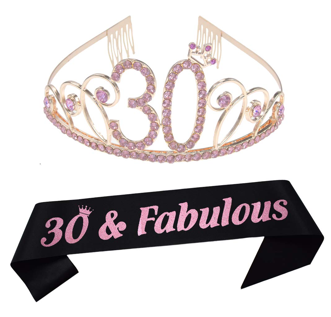 30th Birthday Tiara & Sash Set - Sparkling Black Glitter Satin Sash & Rose Gold Crystal Crown for Women | 30th Birthday Party Decorations & Princess-Themed Celebrations | Perfect for Milestone Birthdays, Bachelorette Parties & Special Occasions