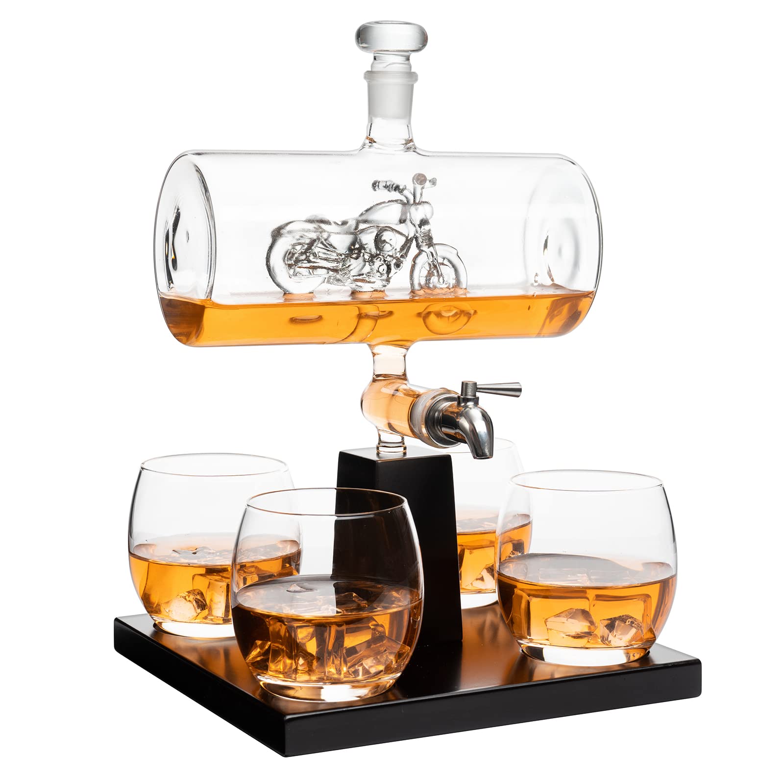 Motorcycle Whiskey & Wine Decanter Set with 4 Glasses - Premium Bourbon Scotch Liquor Dispenser - Unique Motorcycle Gifts for Men, Dad, Birthday - Perfect for Home Bars, Man Caves & Biker Enthusiasts