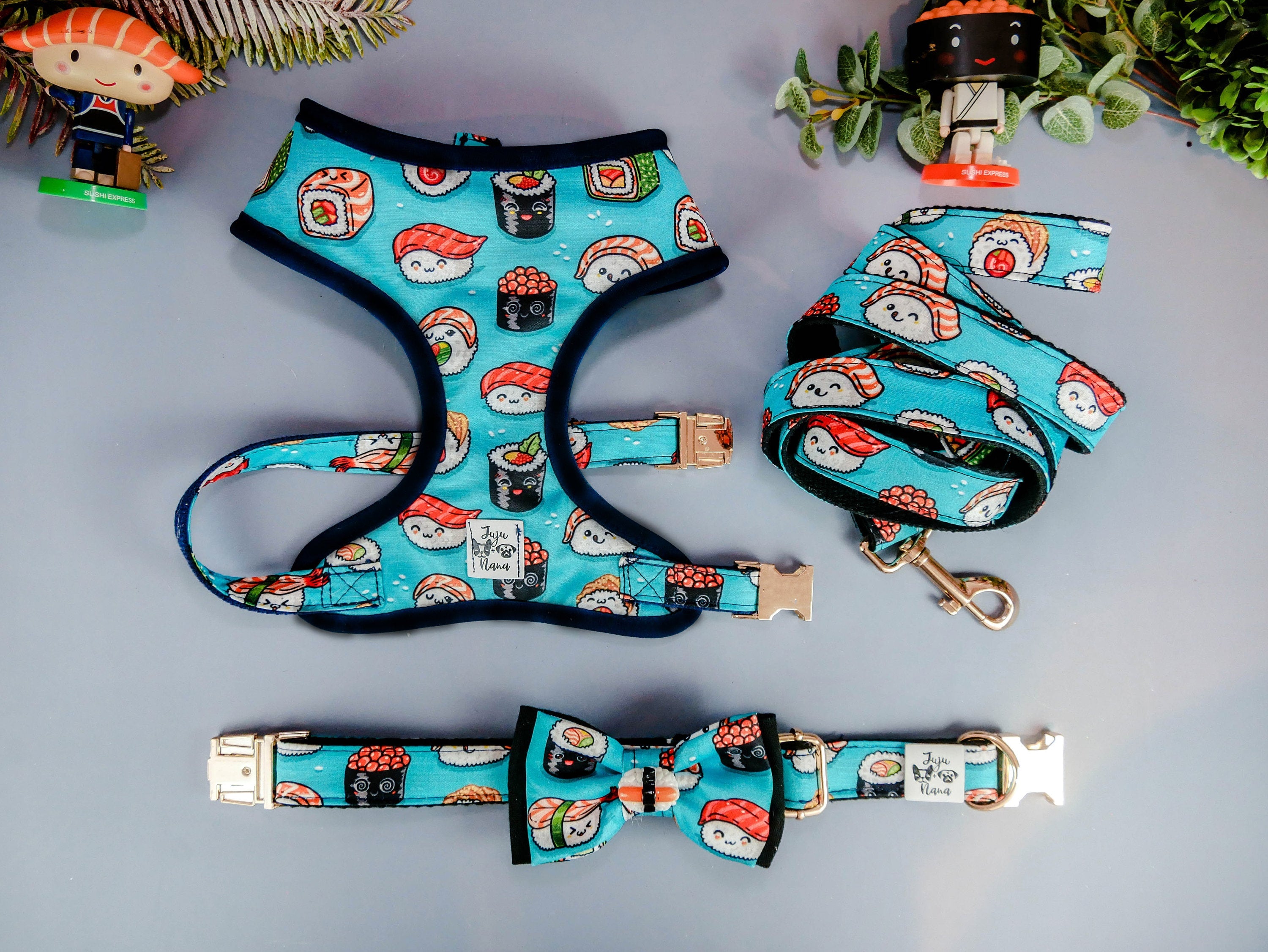 Premium Dog Harness Set with Adjustable Straps - Blue Sushi Print - Comfortable & Secure for Small to Medium Dogs - Perfect for Walking, Hiking & Outdoor Adventures