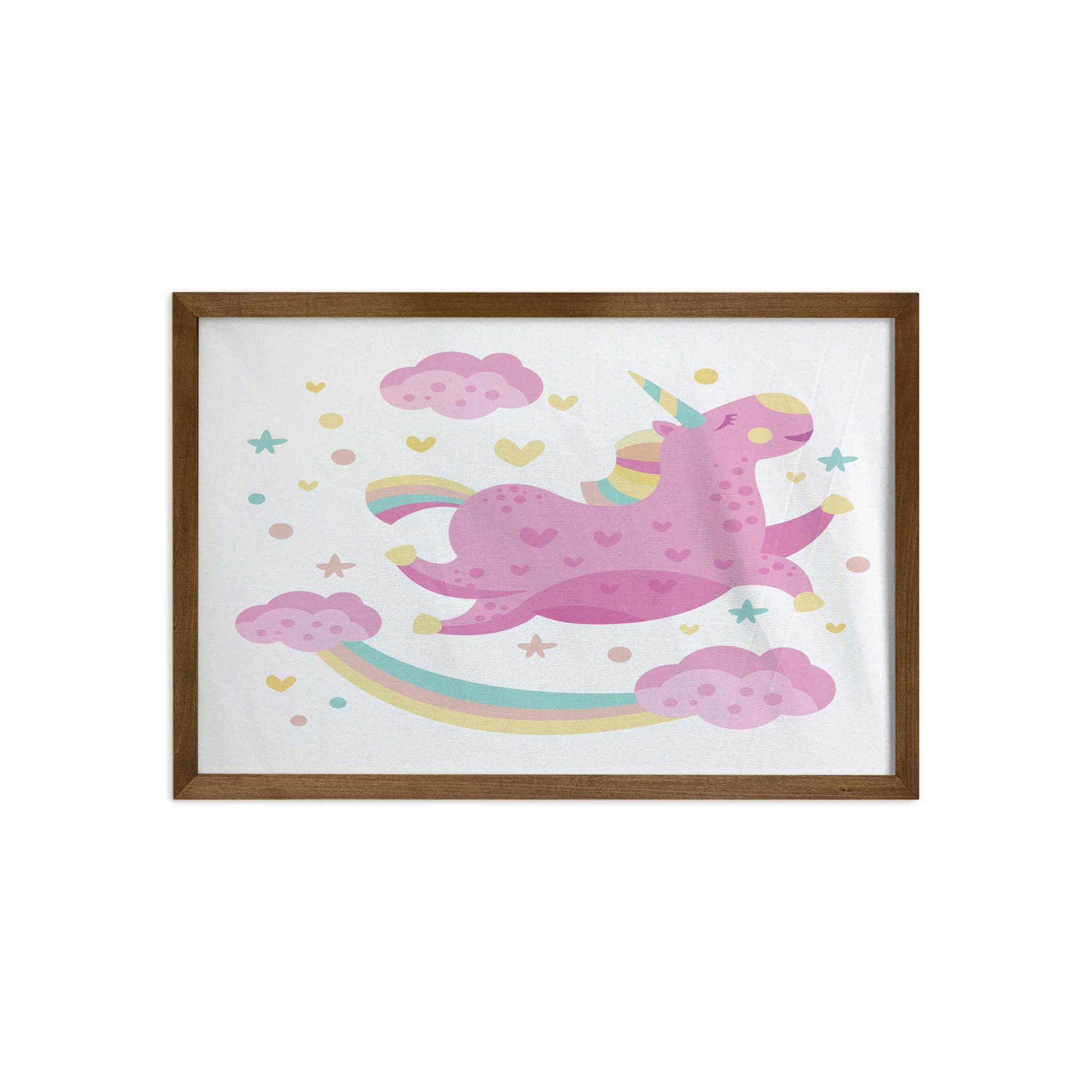 Ambesonne Unicorn Wall Art - Smiling Horse Rainbow Cartoon Fabric Decor with Teak Wood Frame, 35