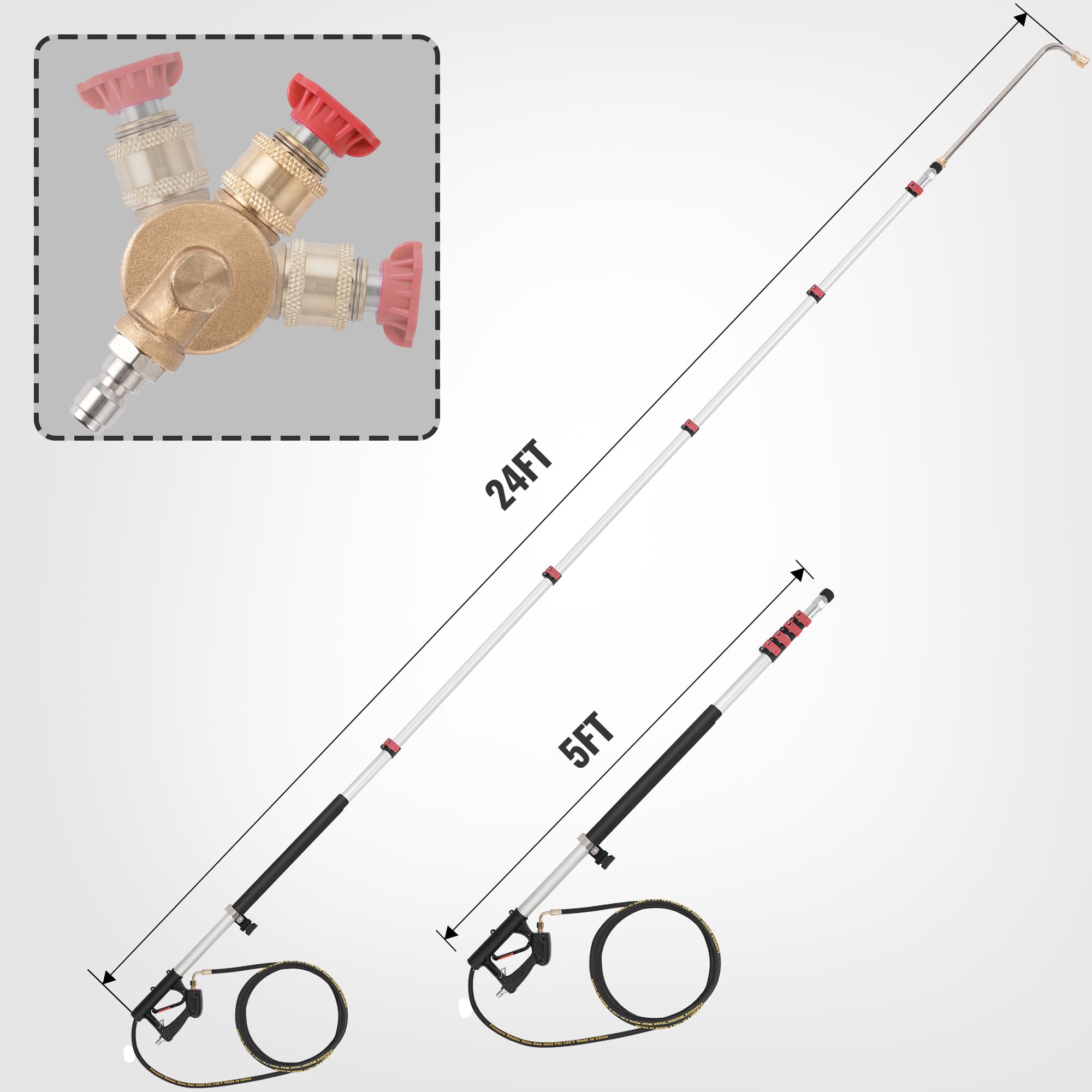 **Rengue 24ft Telescoping Pressure Washer Extension Wand – 5-Stage Power Washer with 4000 PSI, 3 Wands, 7 Nozzles, Pivoting Coupler & Support Belt – Ideal for Roof, Gutters, Siding & Professional Cleaning**
