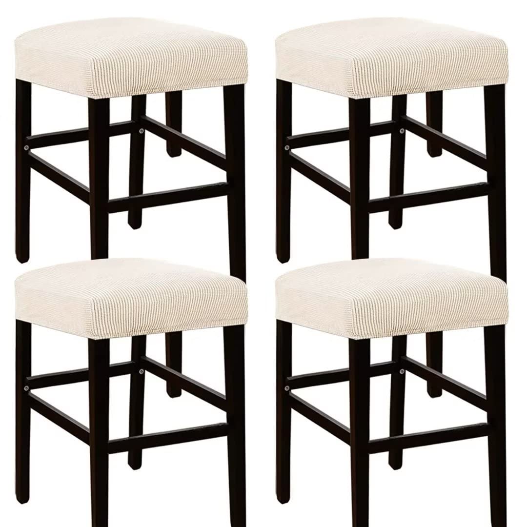 ANWUCHEN 4 Pack Elastic Rectangle Bar Stool Covers - Jacquard Chair Seat Slipcovers for Wooden & Metal Stools - Beige Stool Covers for Kitchen, Dining Room & Bar Counter Decor