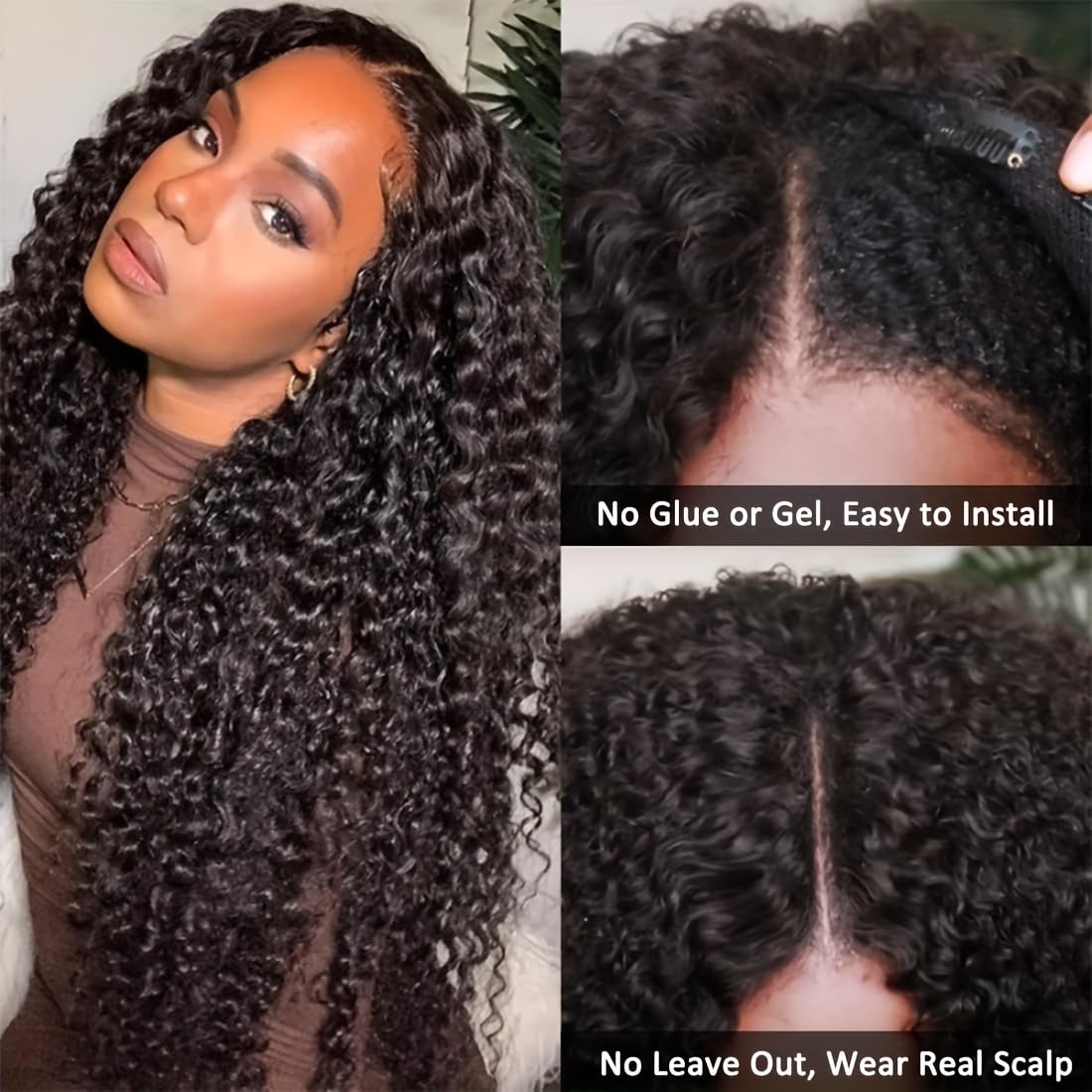 20 Inch Kinky Curly V Part Wig Human Hair - Brazilian Curly U Part Wig 180% Density No Leave Out No Glue - Perfect for Daily Wear, Parties & Special Occasions
