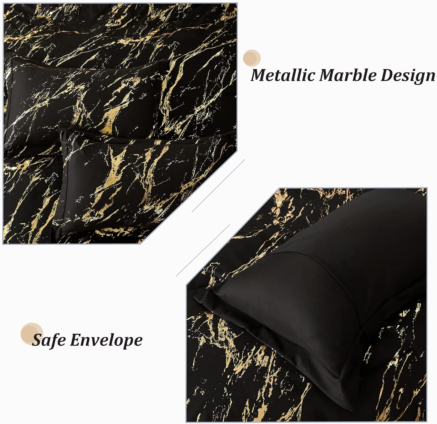 Black Gold Metallic Marble Comforter Set - Queen Size 3-Piece Bedding with Foil Print Glitter | Luxury Bedroom Decor for Modern Homes & Guest Rooms