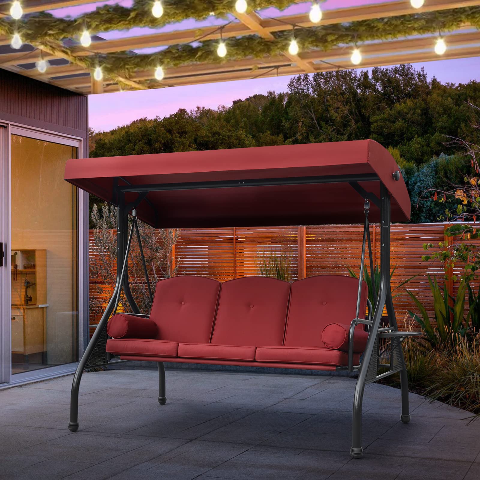 NOBLEMOOD 3-Seat Outdoor Patio Swing with Adjustable Canopy - Waterproof Cushion & Foldable Side Tray - Perfect for Backyard, Garden, Porch Relaxation - Ideal for Spring & Summer Outdoor Lounging