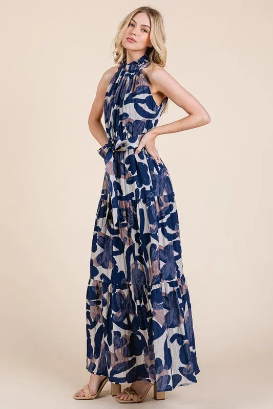 Elegant Halter Neck Tie Waist Tiered Maxi Dress for Women | Summer Beach Vacation Resort Wear | Perfect for Pool Parties, Tropical Getaways and Evening Dinners
