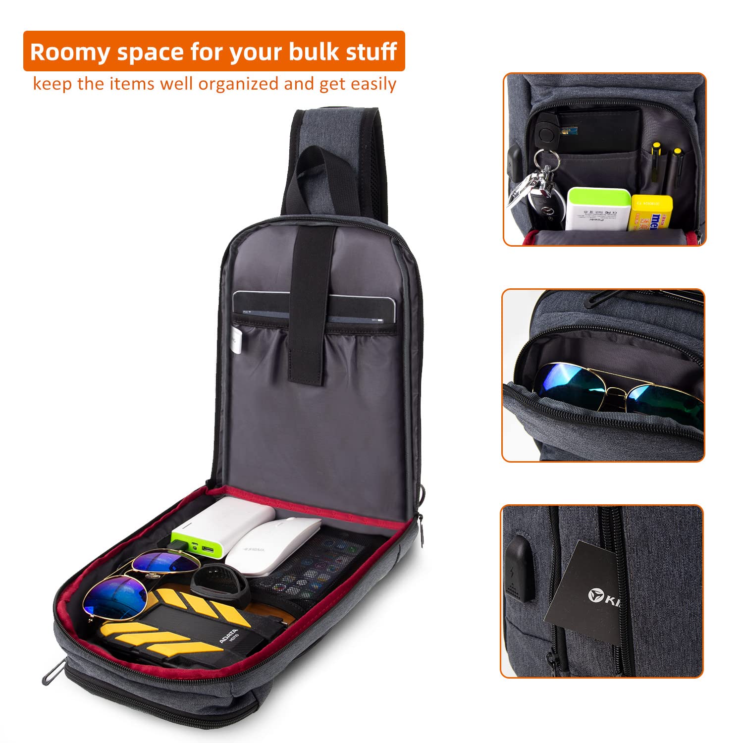 KINGSLONG 14-16 Inch Men's Sling Bag with USB Charging Port - Waterproof Crossbody Bag Fits 10.2 Inch iPad, Travel & Commuter Daypack for Work, Gym, Hiking & Outdoor Activities