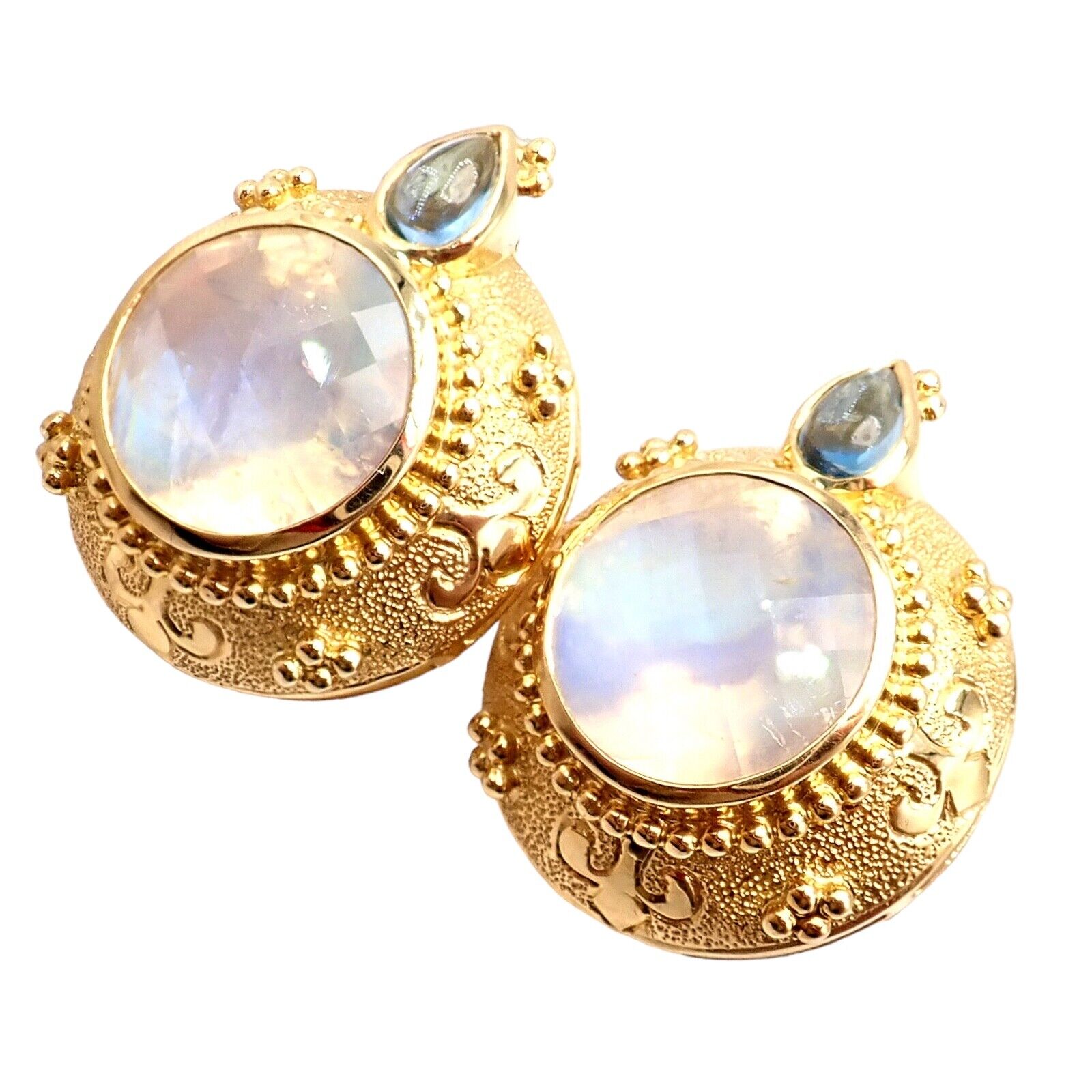 Exquisite Vintage Paula Crevoshay 18K Gold Aquamarine Moonstone Round Earrings - Unique Handcrafted Jewelry for Weddings & Special Occasions