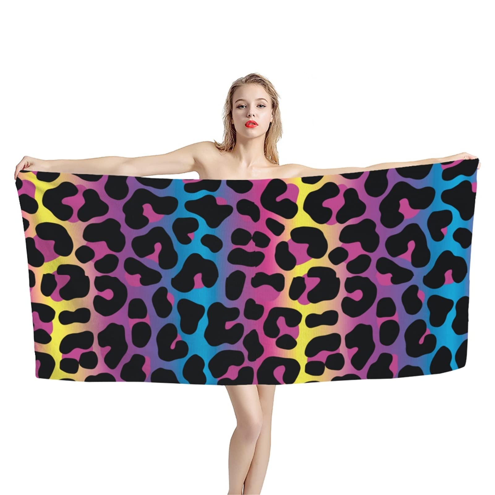 INSTANTARTS Rainbow Leopard Print Beach Towel - Extra Large Thick Microfiber Swim Towel | Quick Dry, Super Absorbent for Beach, Pool, Yoga & Outdoor Activities | Colorful Cheetah Pattern Summer Accessory