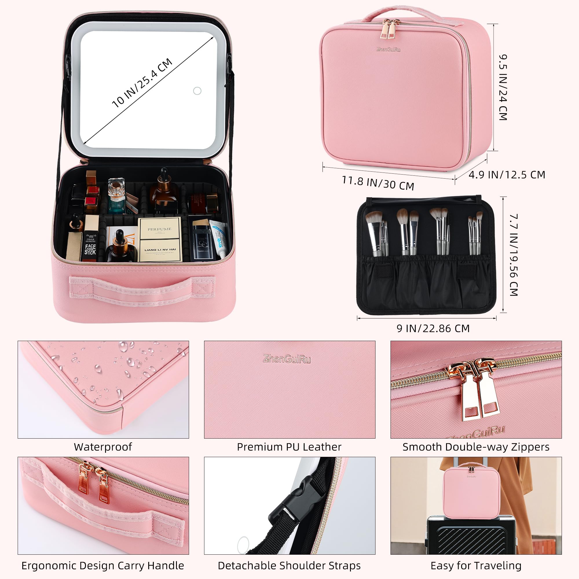 LED Makeup Bag with Lighted Mirror - Portable Travel Cosmetic Organizer with Adjustable Dividers, Waterproof Makeup Train Case for Women | Perfect for Travel, Home Use & Professional Makeup Artists (Pink)