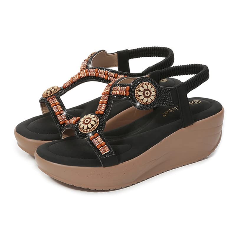 JrenBox Women's Summer Sandals - Retro Bohemian Glitter Sloping Band Mid-Heel Sandals for Women (Black, Size 7) | Perfect for Beach Vacations, Date Nights & Boho Fashion Outfits