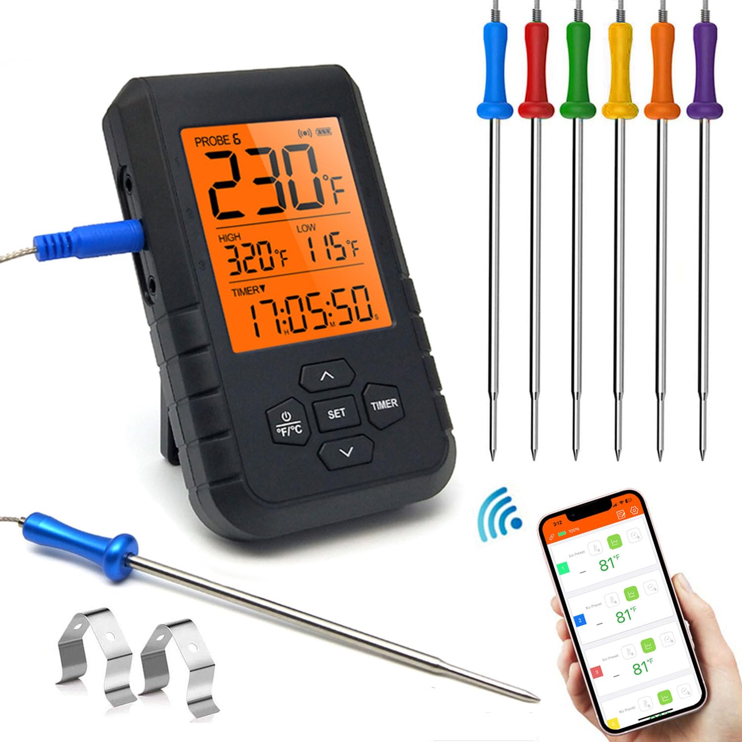 **Wireless Meat Thermometer with Bluetooth - Digital Instant Read Thermometer for Grilling, Smoking, Oven & BBQ - 6 Probes with Remote App Monitoring - Perfect for Backyard Cookouts, Camping & Home Kitchen Use**