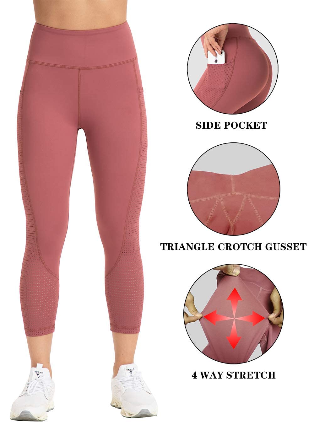 RAYPOSE Women's High Waist Workout Leggings with Pockets - Plus Size Gym Yoga Capri Pants with Mesh Cut Out Design for Running, Training & Lounge Wear