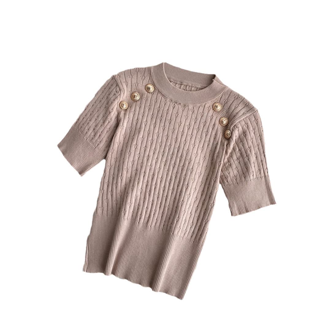 Women's Stretchy Short Sleeve Button-Up Crop Sweater Top - Soft O-Neck Pullover for Girls & Women | Perfect for Casual Outfits, Layering & Spring Fashion