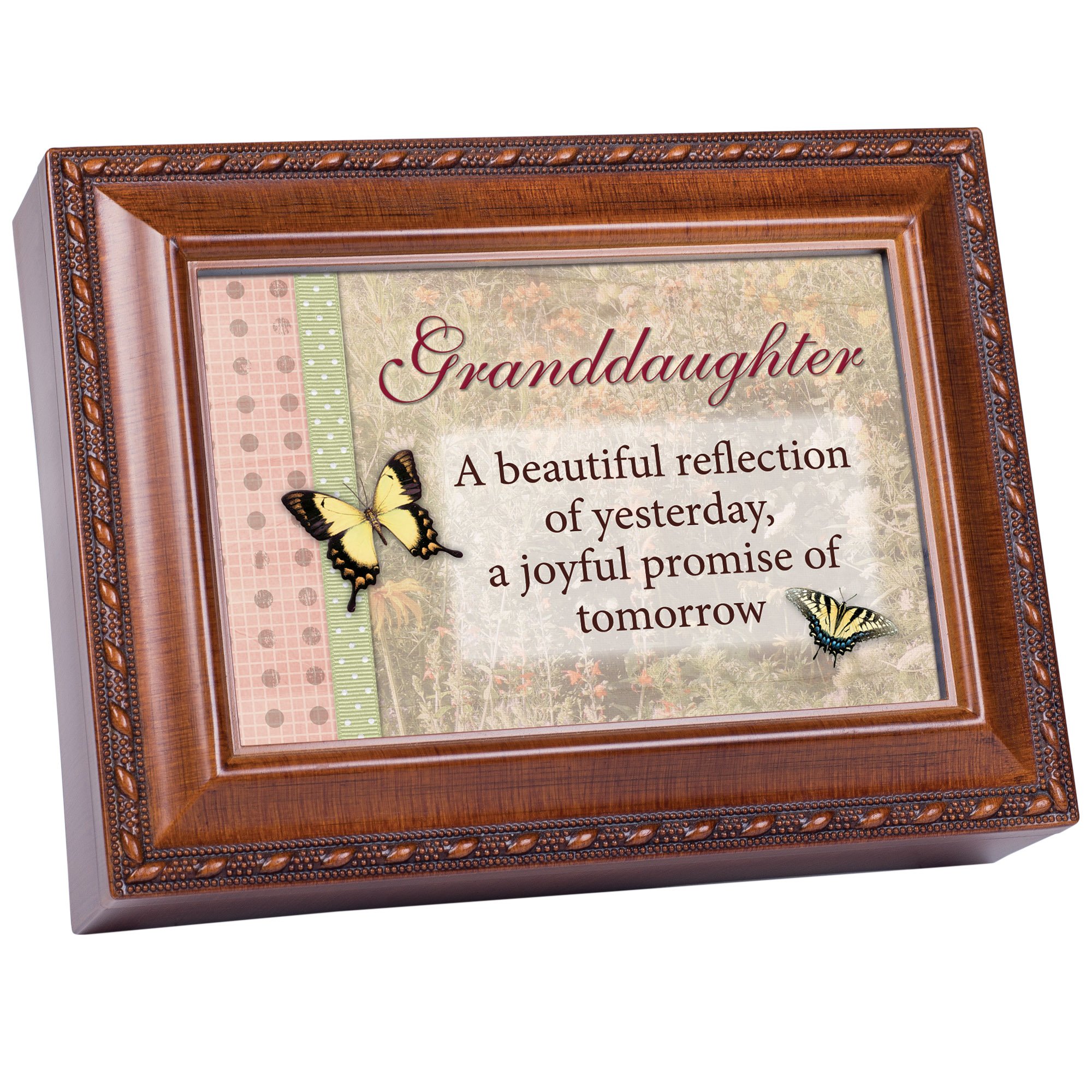 Vintage Cottage Garden Granddaughter Woodgrain Music Jewelry Box - Plays 'Light Up My Life' Song - Perfect for Keepsakes, Gifts & Home Décor