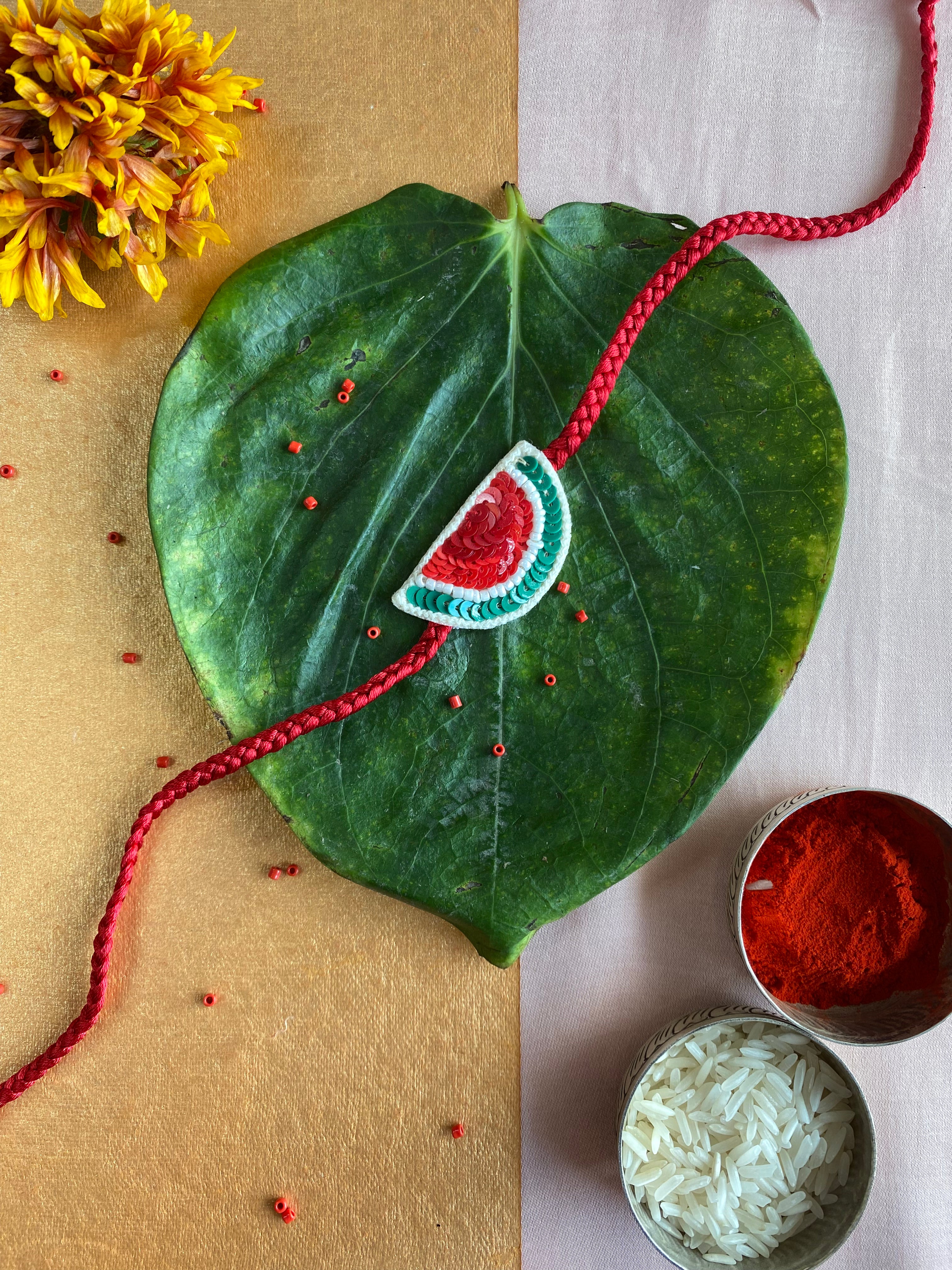 Watermelon Embroidered Rakhi Bracelet for Raksha Bandhan - Traditional Indian Sibling Gift for Brother Sister Bonding Ceremony | Perfect for Hindu Festivals, Cultural Celebrations & Sibling Love Moments