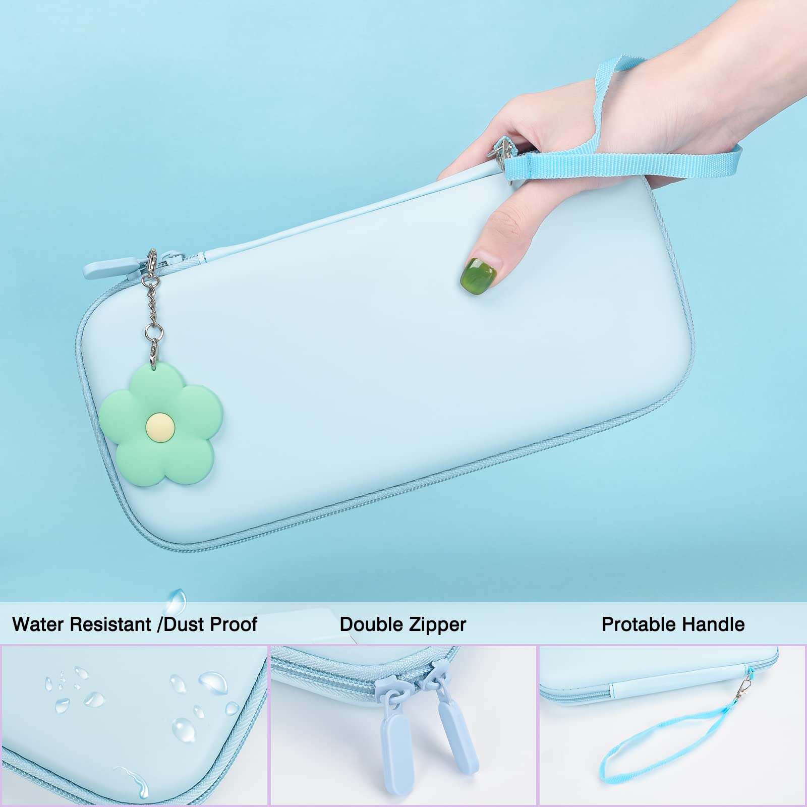 DLseego Blue Switch Case Set - 10-Slot Dockable Hard Shell Protective Carrying Case with 4 Cute Cat Paw Thumb Grips & Green Flower Chain for Nintendo Switch (2017 Version) | Perfect for Travel, Gaming Parties & On-the-Go Protection