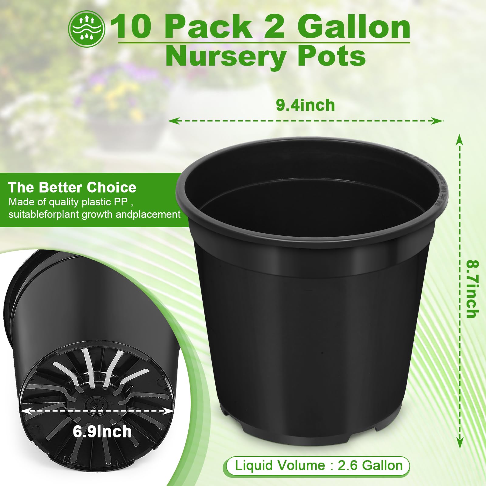 10 Pack 2 Gallon Plastic Plant Pots with Drainage Holes - Durable Flower Pots for Indoor & Outdoor Plants, Succulents, Herbs - Perfect for Gardening, Home Decor, and Landscaping