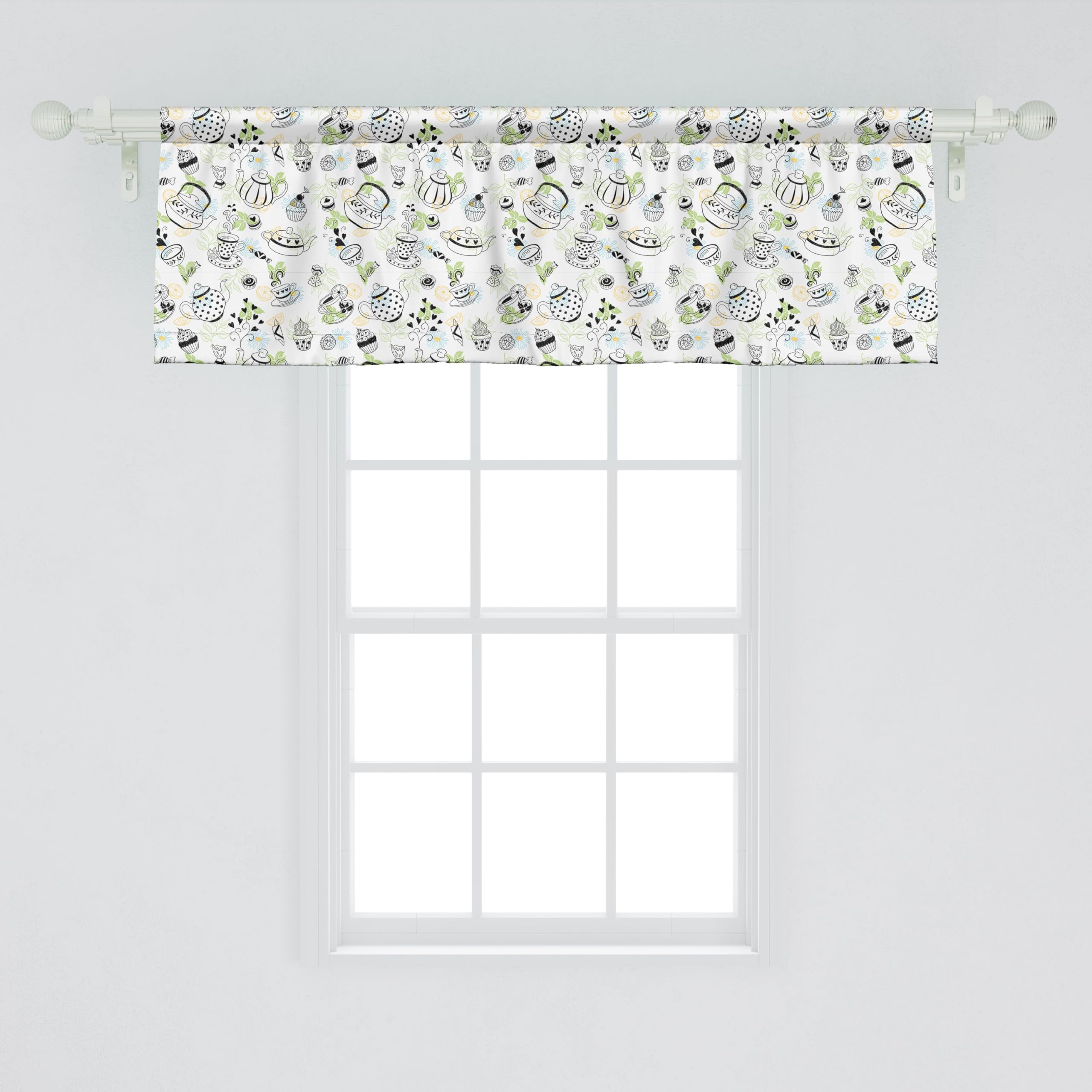 Ambesonne Tea Party Window Valance Set of 2 - Hand-Painted Doodle Teapots, Cups, Hearts & Floral Design - 54