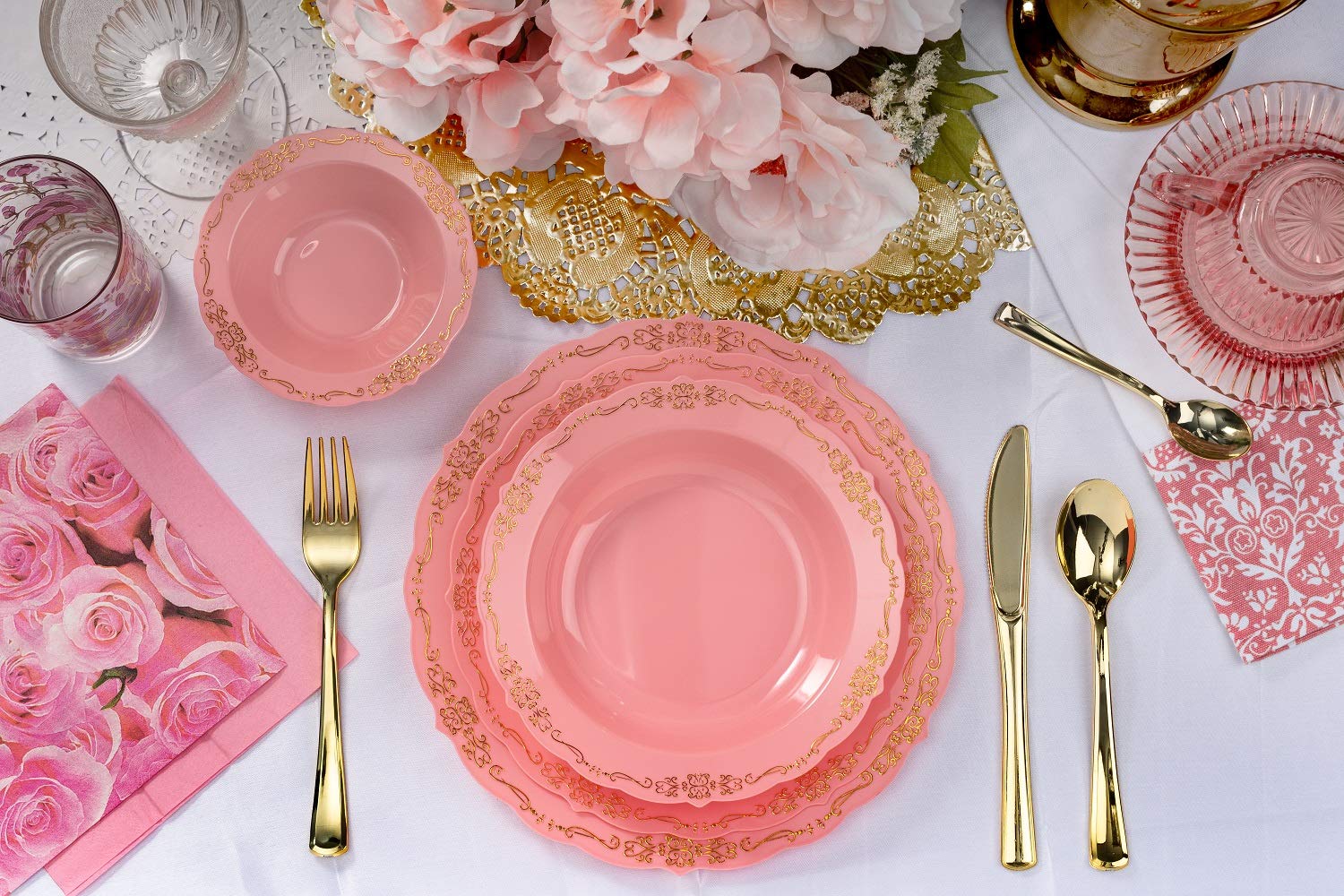 60 Pcs Elegant Disposable Plastic Plates - Victorian Style 9 Inch Pink & Gold China-Like Dinnerware for Wedding, Party, Bridal Shower & Special Occasions | Premium Quality Disposable Tableware for Elegant Events
