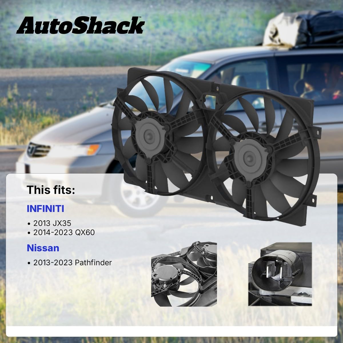 AutoShack Dual Cooling Fan Assembly with Controller - Replacement for 2013-2023 Nissan Pathfinder & Infiniti QX60/JX35 (2.5L 3.5L V6) - Perfect for Engine Overheating Prevention & Off-Road Adventures