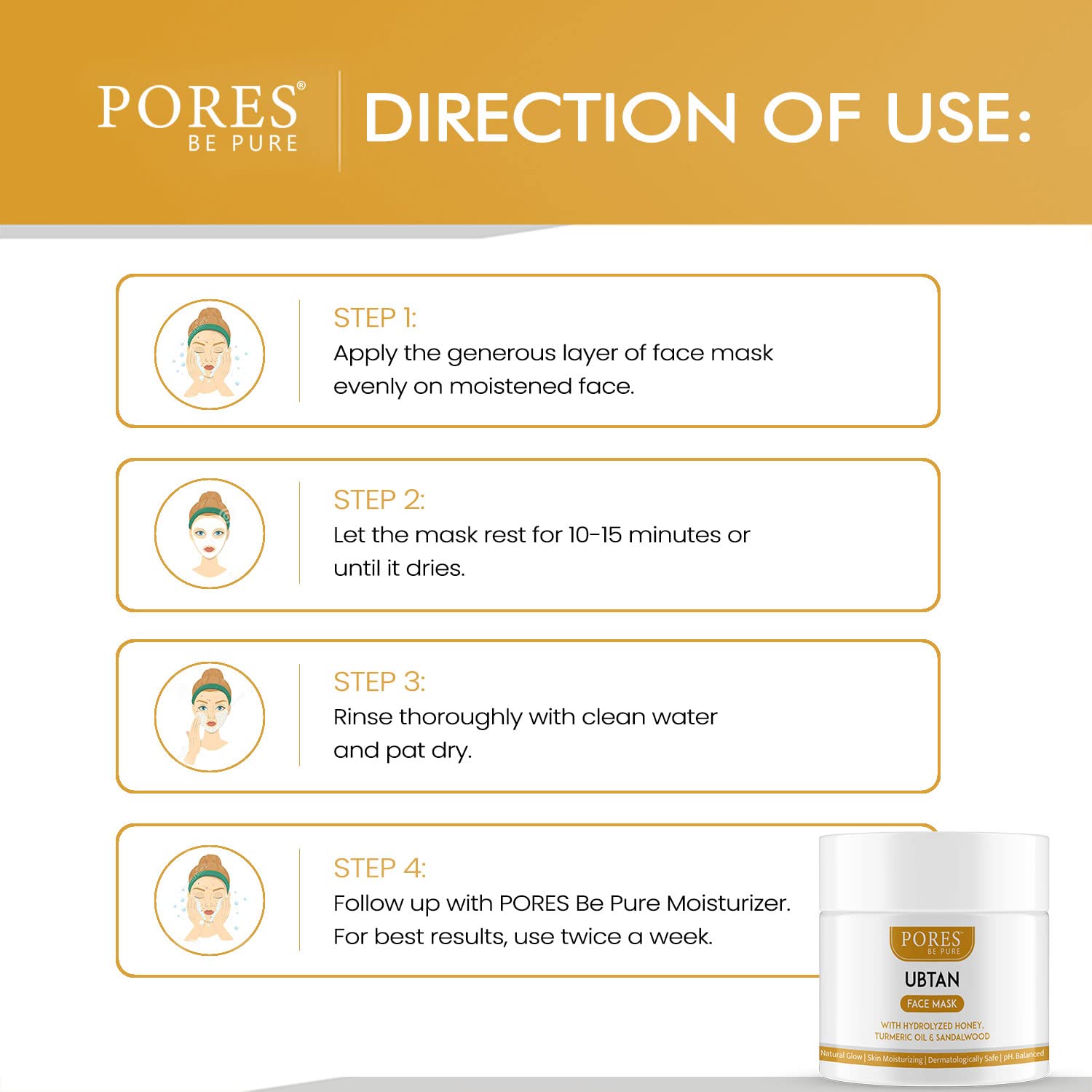 PORES Be Pure Ubtan Face Mask with Hydrolyzed Honey & Turmeric Oil - 100g Sandalwood Brightening Facial Pack for Glowing Skin, Oil Control & Acne Treatment - Unisex Skincare for Women & Men - Perfect for Daily Use & Spa Nights