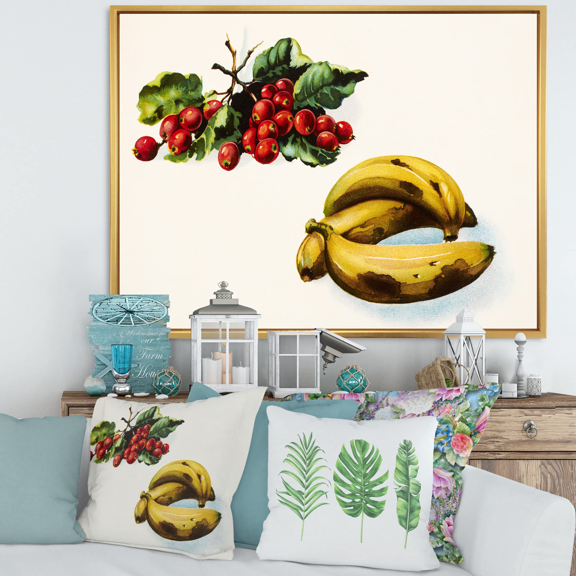 Farmhouse Framed Canvas Wall Art Print - Banana & Red Berries Design for Kitchen, Dining Room & Country Home Decor | DesignQ Modern Botanical Painting