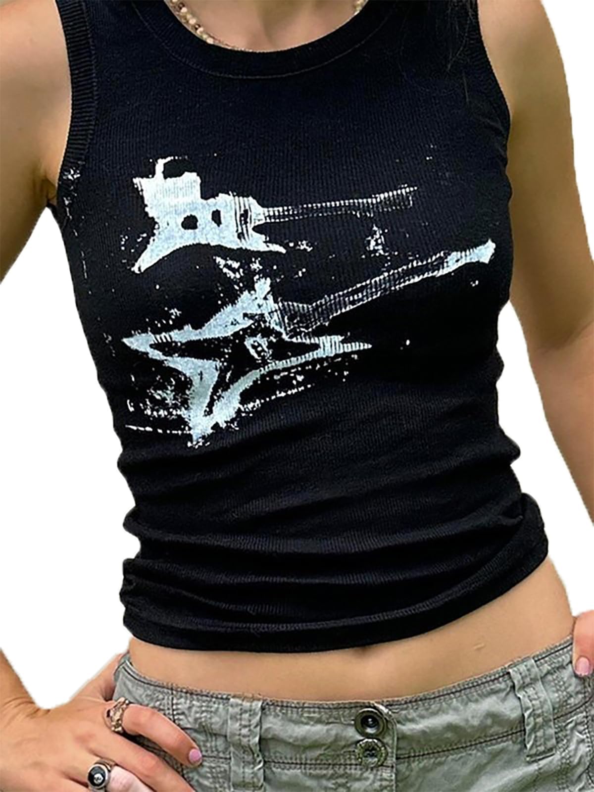 LQI Women's Guitar Print Ribbed Tank Top - Sleeveless Y2K Crop Top for Summer | Casual Wear, Music Festivals, Beach Outfits & Street Style