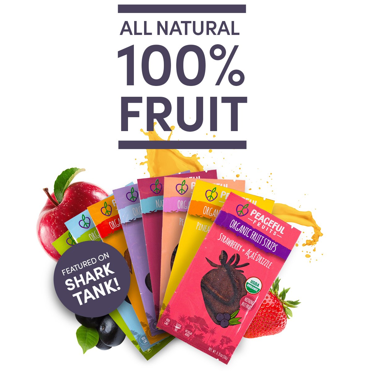 Organic Peaceful Fruits 100% Real Fruit Snacks Strips - Variety Pack (Strawberry, Acai, Passionfruit, Apple) - 12 Count - Healthy Vegan Gluten-Free On-the-Go Snacks for Kids & Adults - Perfect for Lunchboxes, Hiking & Office Snacking