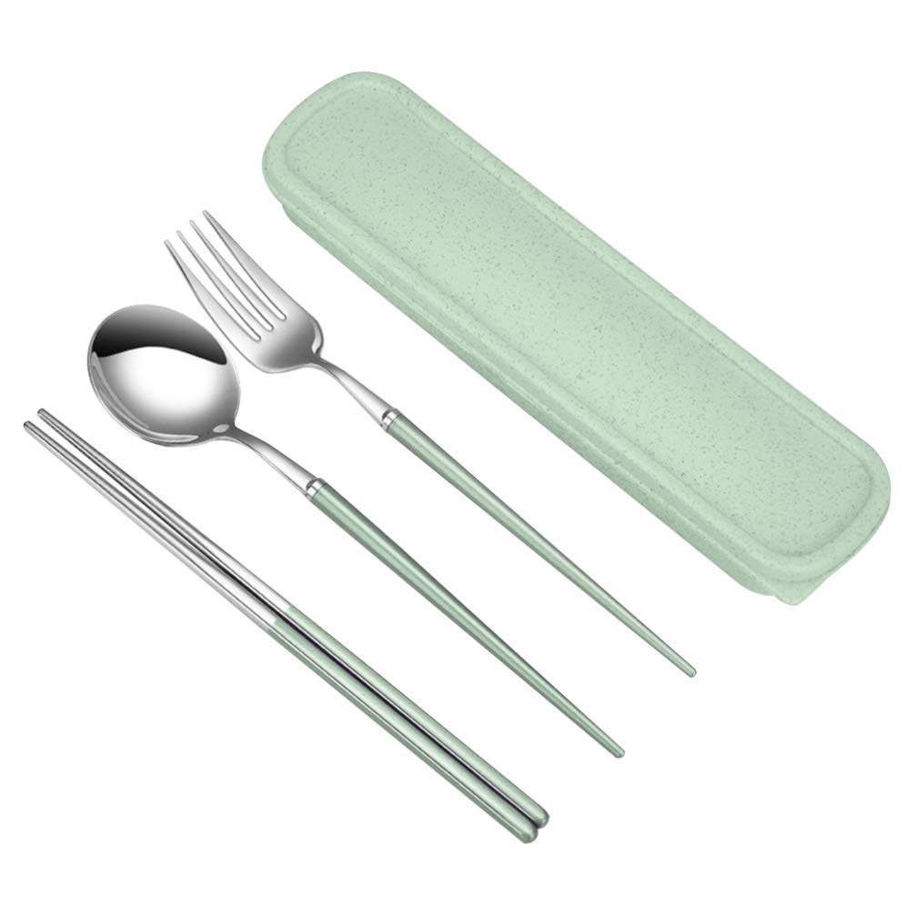 YARNOW 3PCS Portable Travel Utensils Set - Reusable Stainless Steel Cutlery with Fork, Spoon & Chopsticks | Eco-Friendly Camping, Picnic & Office Lunch Silverware Kit in Green Case