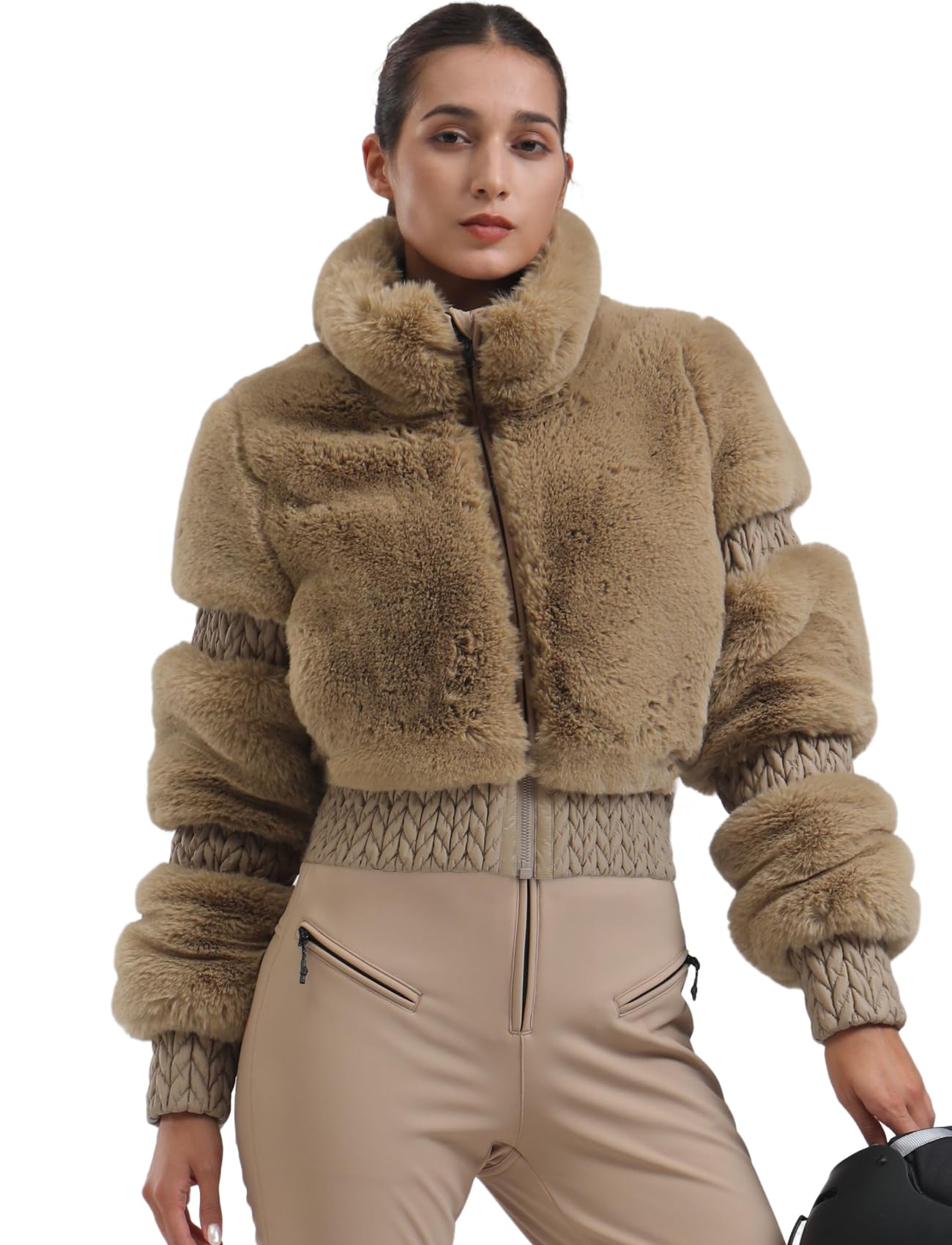 GSOU SNOW Women's Faux Fur Ski Jacket - Waterproof Snowboard Coat, Warm Winter Cropped Jacket for Skiing, Snowboarding & Outdoor Activities