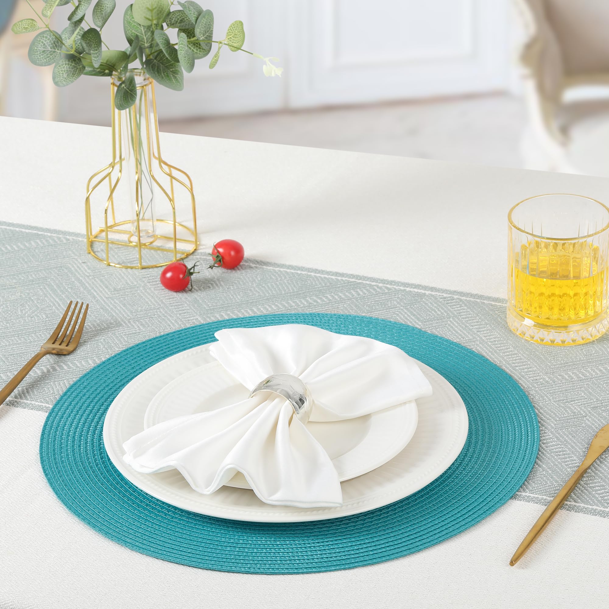6-Pack Round Woven Placemats for Dining Table | Washable Non-Slip Table Mats | 15-Inch Turquoise Fall Decor | Perfect for Thanksgiving Dinner & Holiday Gatherings