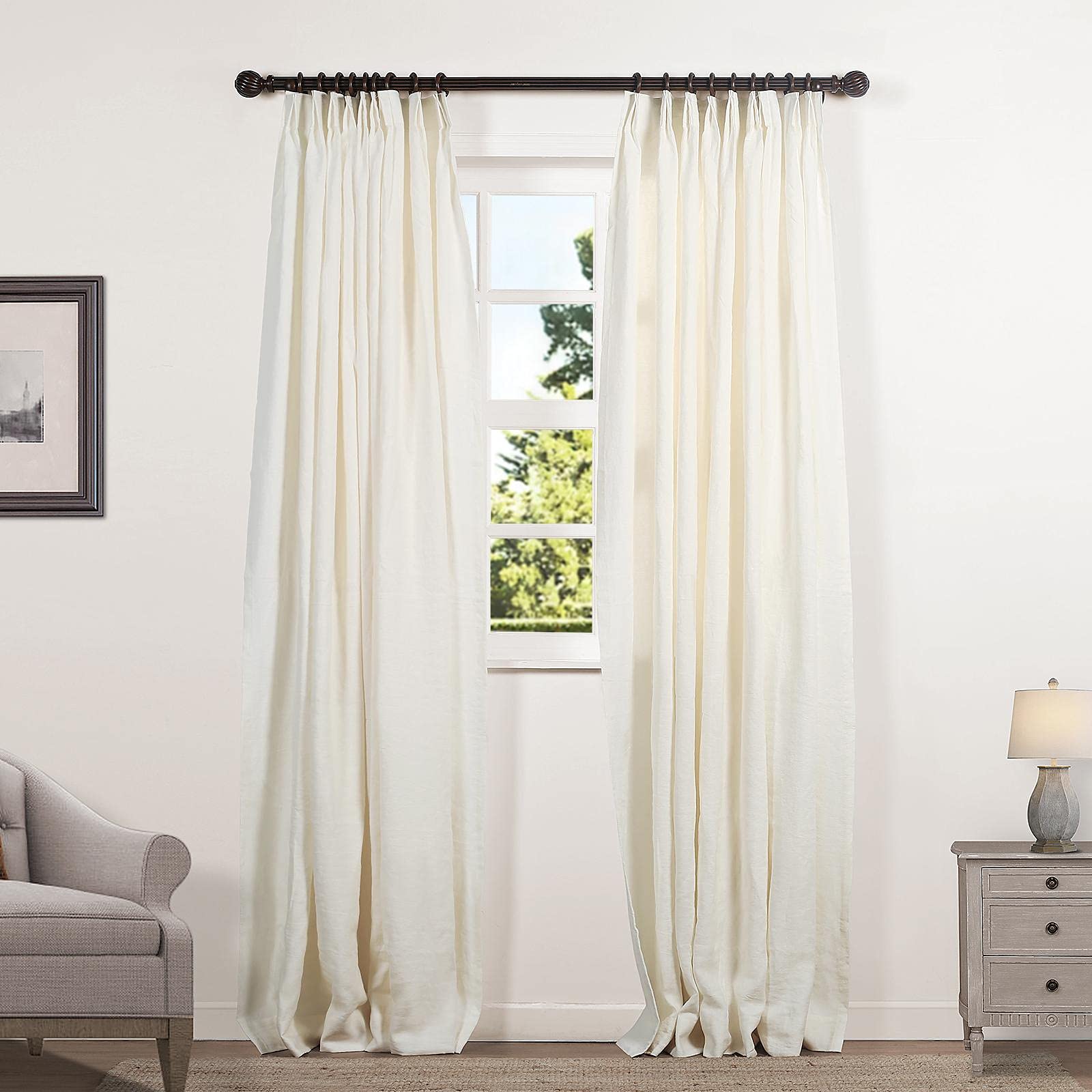 TWOPAGES Natural Linen Pinch Pleated Curtains for Living Room - Light Filtering & Room Darkening Window Drapes, Privacy Protection Panels (Set of 2, White, 26