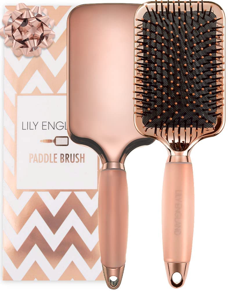 Lily England Professional Hair Brush for Women - Paddle Brush for Blow Drying, Detangling & Straightening All Hair Types - Flat Hairbrush with Non-Slip Gel Handle (Rose Gold) - Perfect for Salon, Travel & Home Hair Care