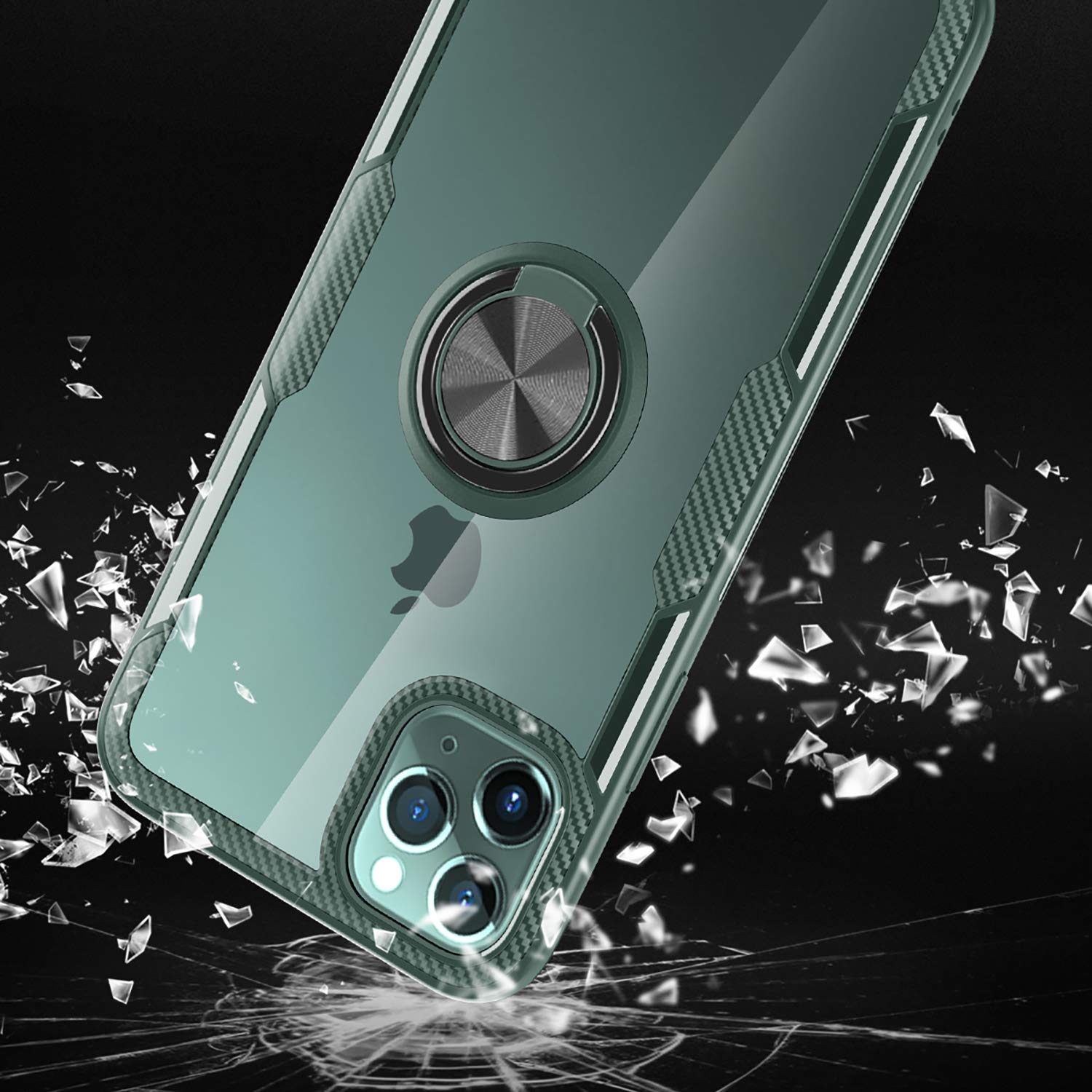 Samsung Galaxy Z Flip 5 Case - Carbon Fiber Clear Crystal Protective Cover with 360° Rotating Ring Holder & Kickstand (Dark Green) - Perfect for Daily Use, Travel & Hands-Free Viewing
