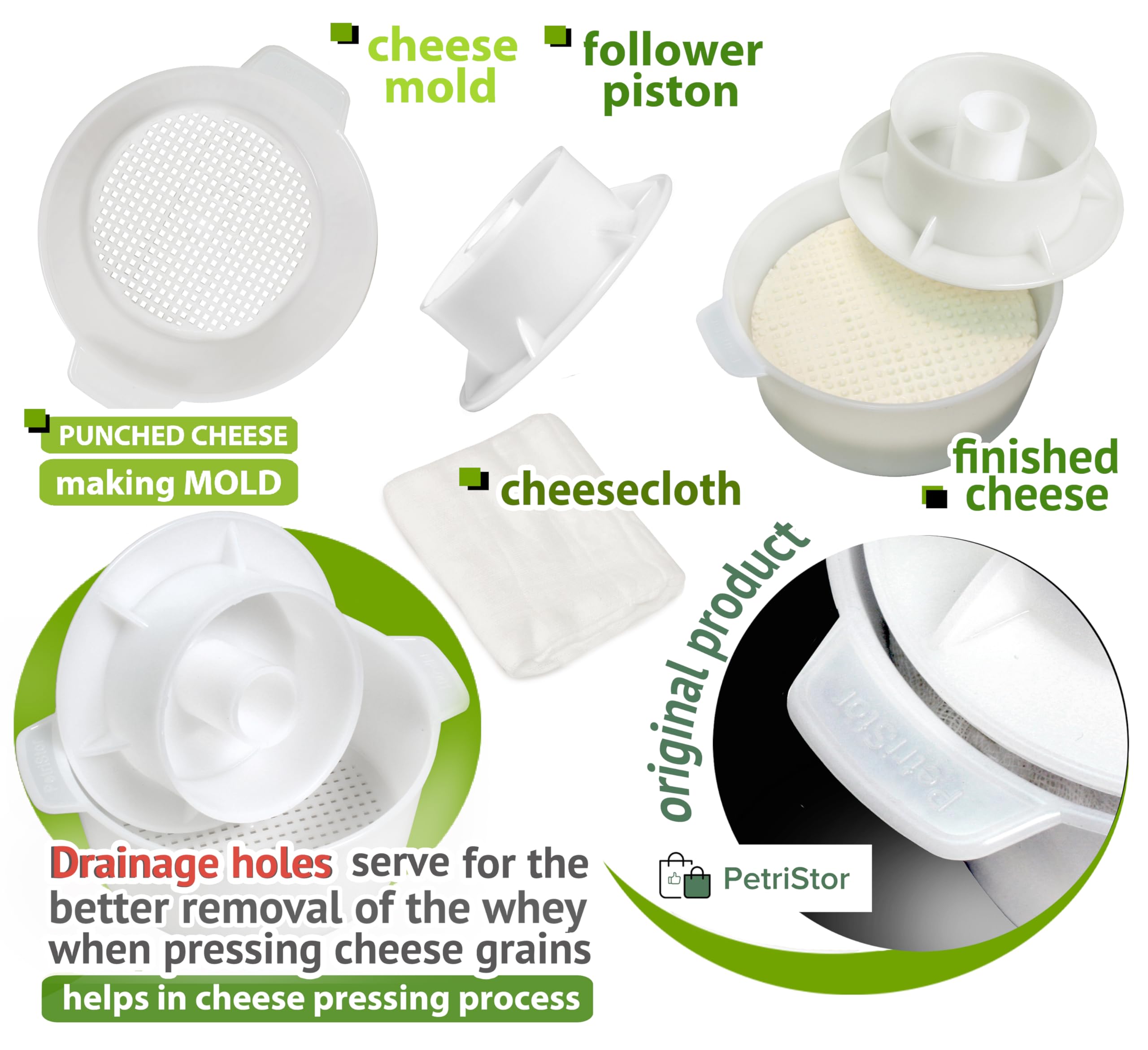 PetriStor 1.3QT Cheese Making Kit - Stainless Steel Cheese Mold with Follower Piston & Cheesecloth for Homemade Paneer, Cheddar & Artisan Cheeses | Perfect for DIY Cheese Press, Cheese Form Mold & Cheese Making Basket | Ideal for Home Cheesemaking, Gifts & Culinary Classes