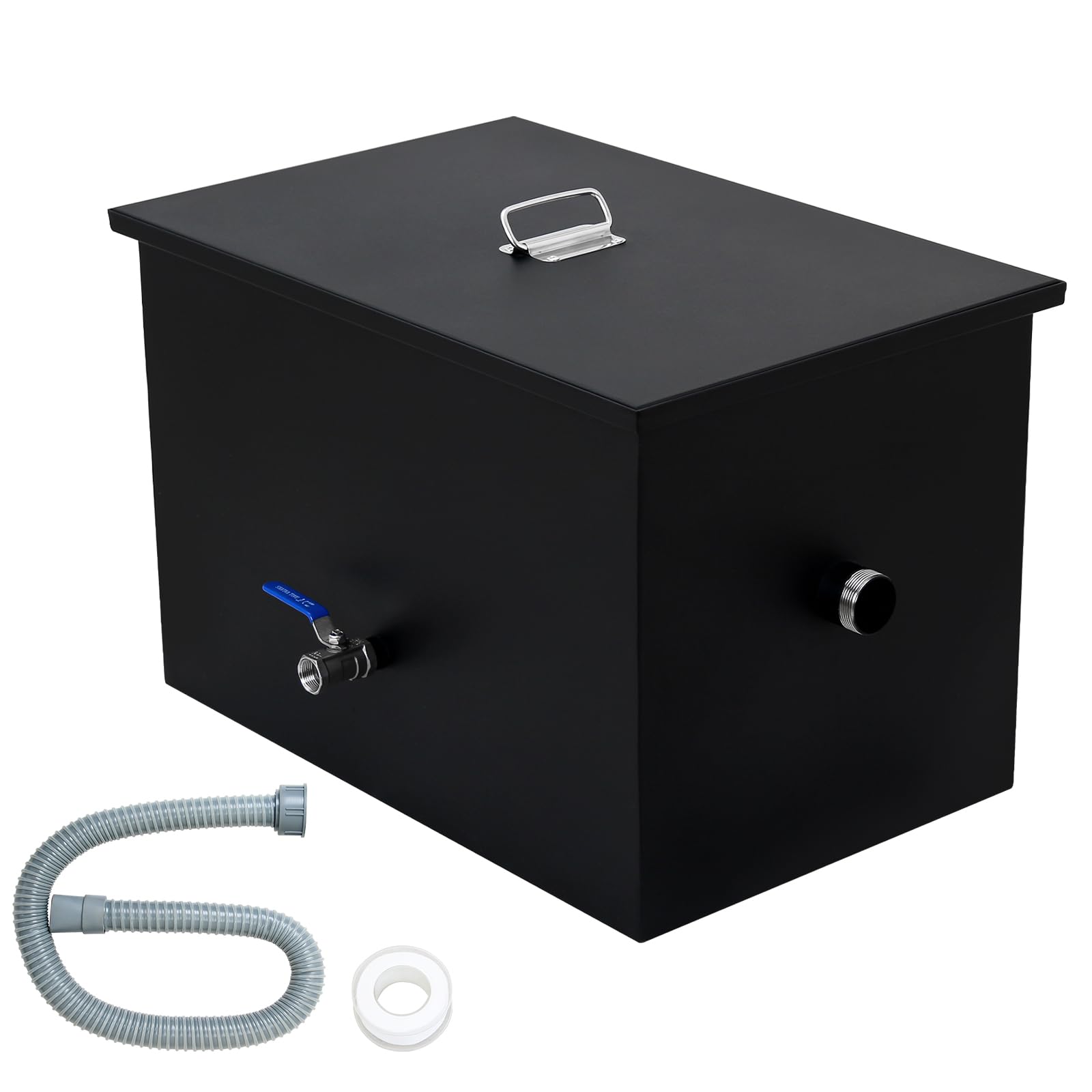 **40LB Commercial Grease Interceptor - Heavy Duty Carbon Steel Grease Trap for Kitchen Under Sink, Oil-Water Separator with Side Water Inlet | Ideal for Restaurants, Cafeterias & Food Service**