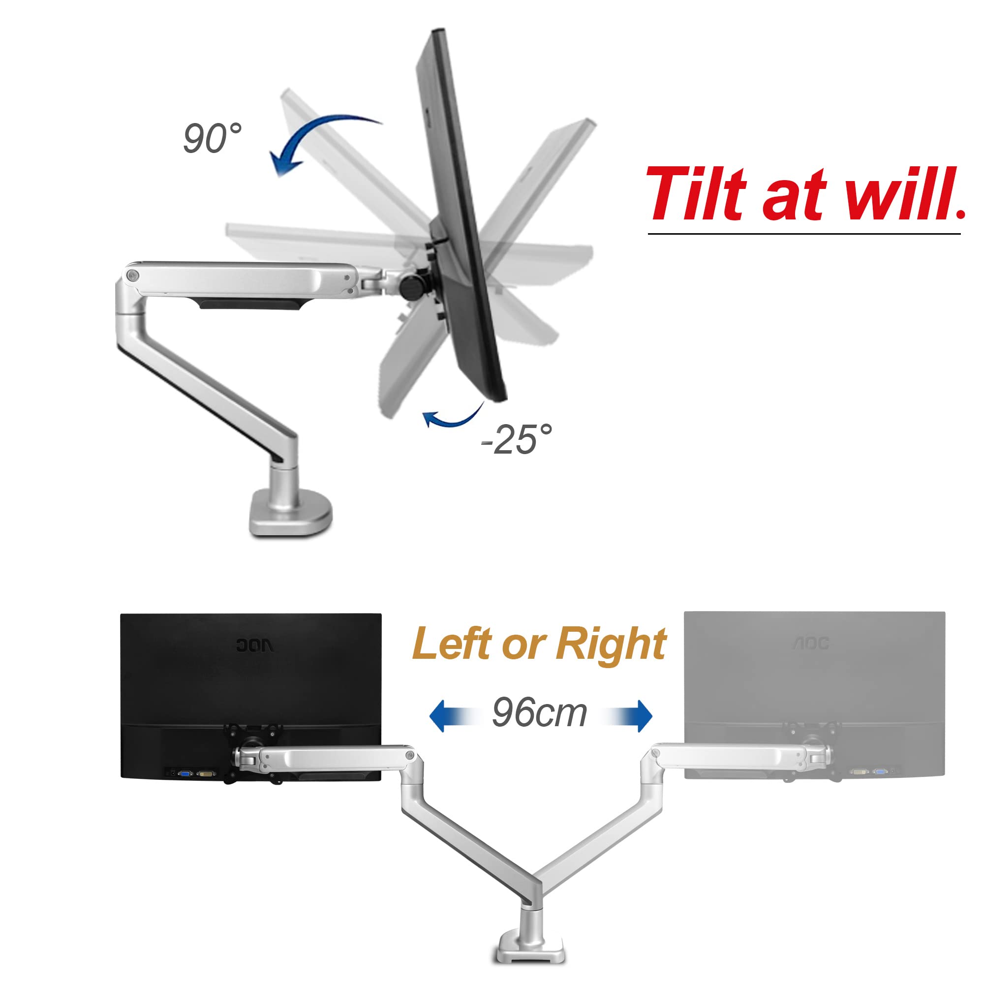 LGtenpro Adjustable Monitor Stand for 17-38 Inch LCD/LED Screens - Ergonomic Height, Tilt & Swivel PC Monitor Arm with VESA 75/100mm Mount, Supports Up to 11kg - Perfect for Home Office, Gaming & Workspace Setup