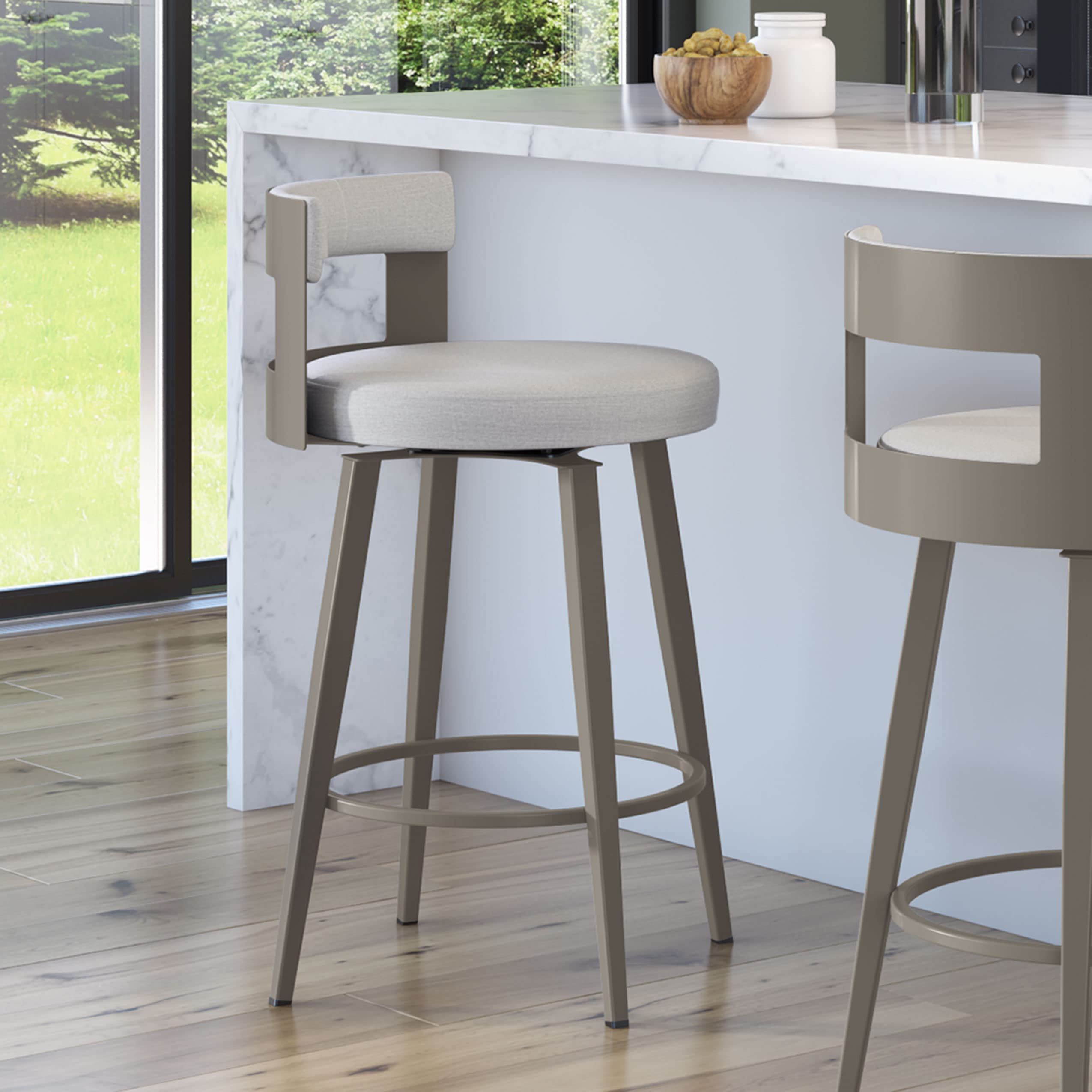 Amisco Paramont 30 Inch Swivel Bar Stool - Light Grey Polyester Fabric with Grey Metal Frame - Perfect for Kitchen Islands, Home Bars, and Breakfast Nooks