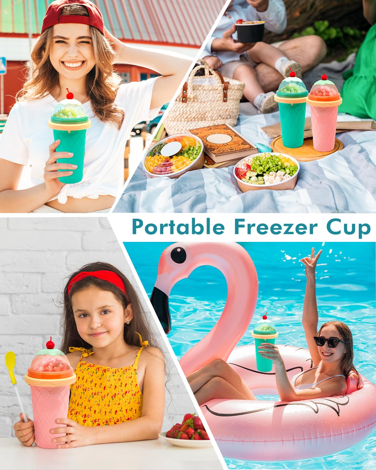 Magic Slushie Cup Maker with Lids & Straws - Portable Frozen Drink Cup for Smoothies, Juices, Milk & Ice Cream - Fun Slushy Cup for Kids, Friends & Family (Pink) - Perfect for Parties, Picnics & Summer Treats