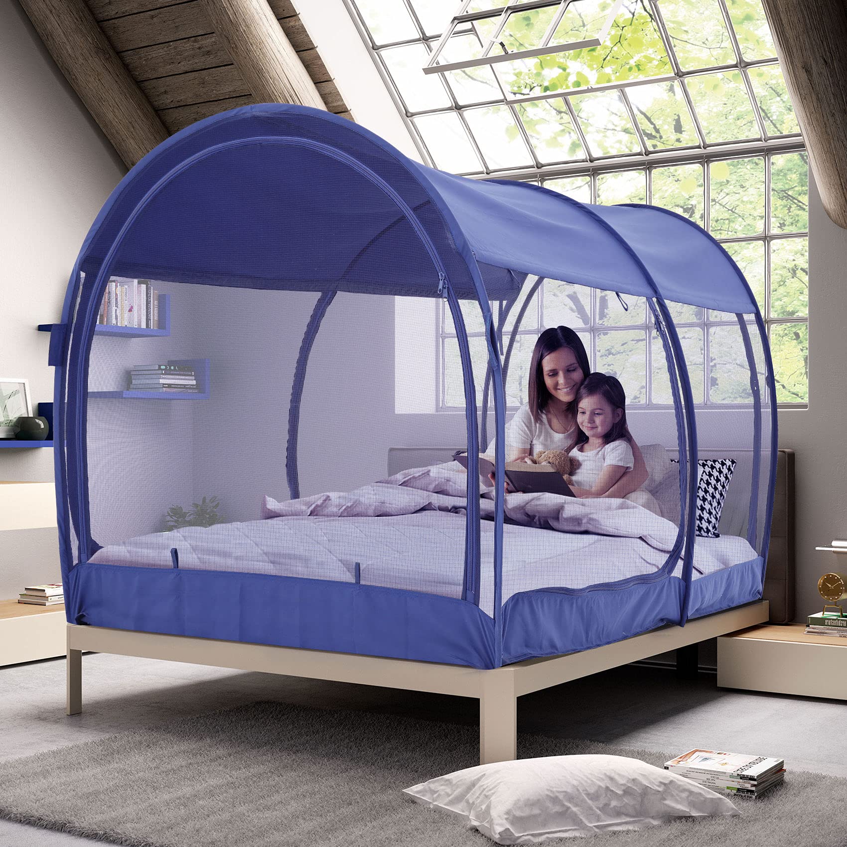 Alvantor Full Size Mosquito Net Bed Canopy - Breathable Pop Up Bed Tent for Indoor Use, Portable Privacy Sleeping Space with Frame, Navy Blue (Mattress Not Included) - Perfect for Camping, Travel, Dorm Rooms & Home Privacy Protection