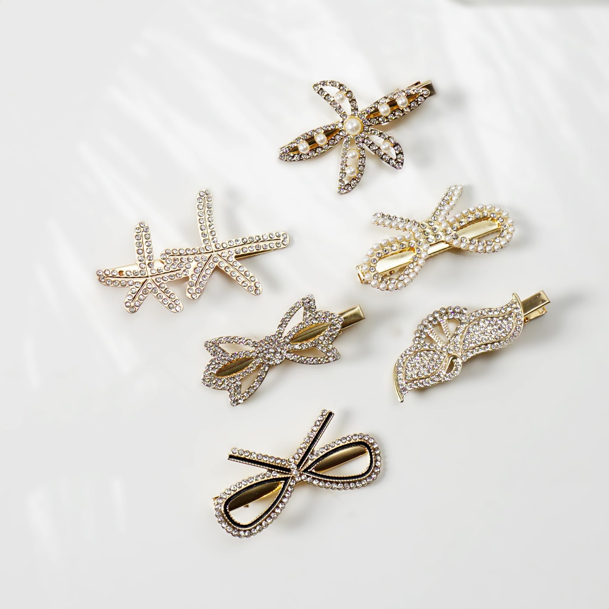 Korean Style Rhinestone & Pearl Geometric Hair Clips for Women - Elegant Metal Barrettes & Hairpins (6-Pack, Golden) - Perfect for Weddings, Parties & Everyday Fashion Accessories