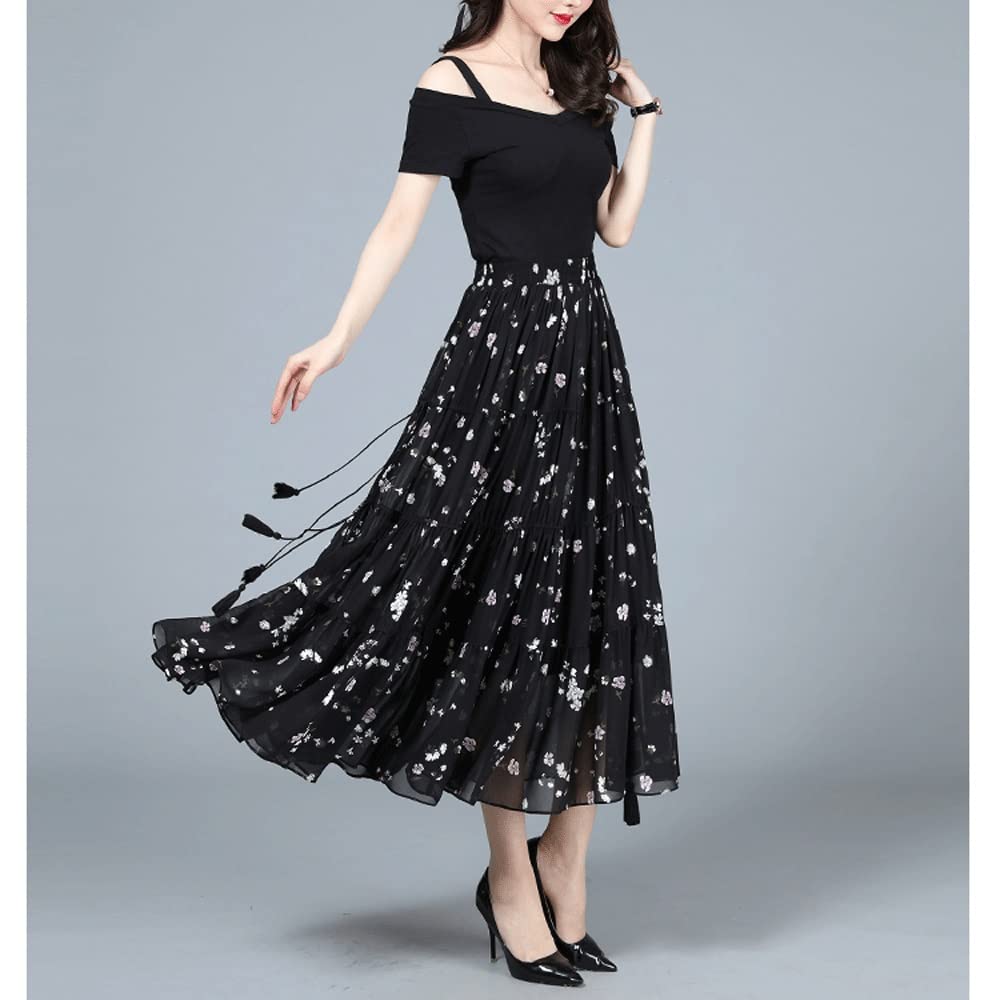 Women's Floral Chiffon Pleated Long Skirt - A-Line Swing Summer Maxi Skirt for Casual Wear, Beach Outings & Special Occasions (Color: A, Size: 20/M)
