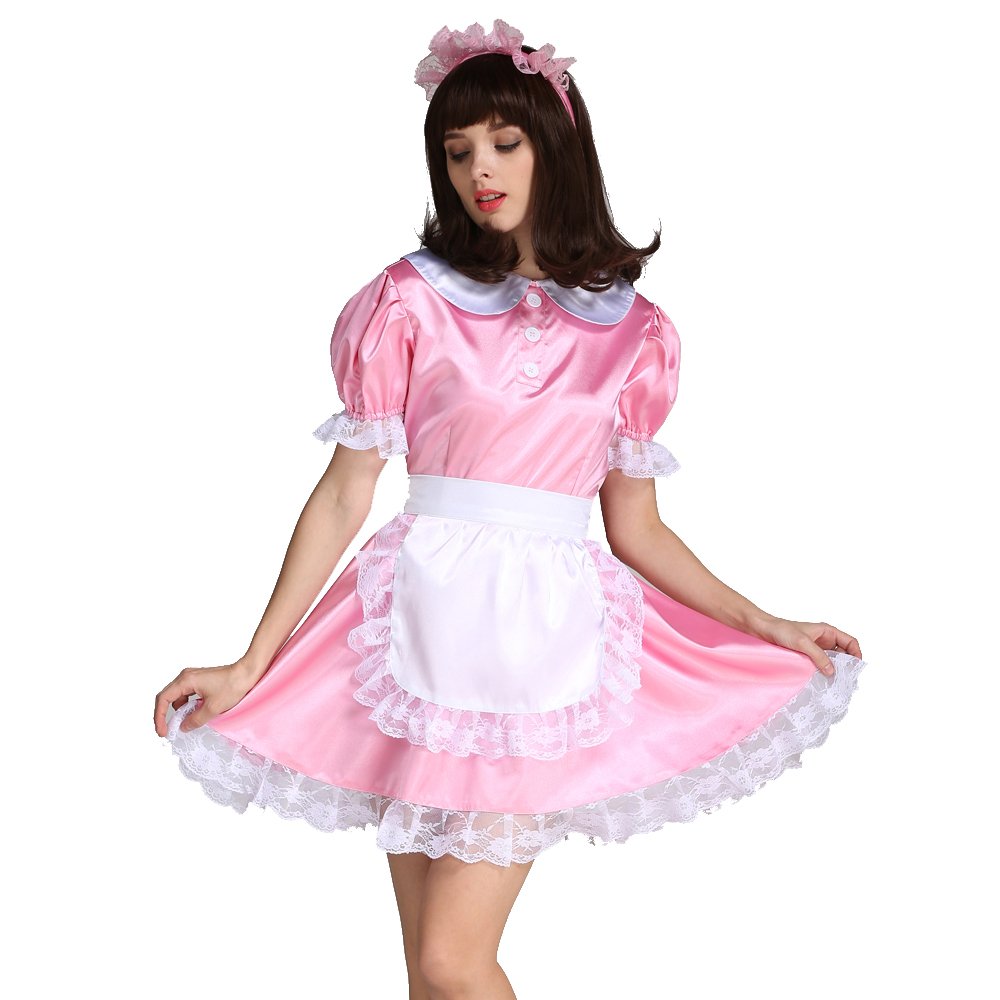Sexy Pink Satin French Maid Costume for Women - Halloween Cosplay, Role Play, Crossdressing & Party Outfit