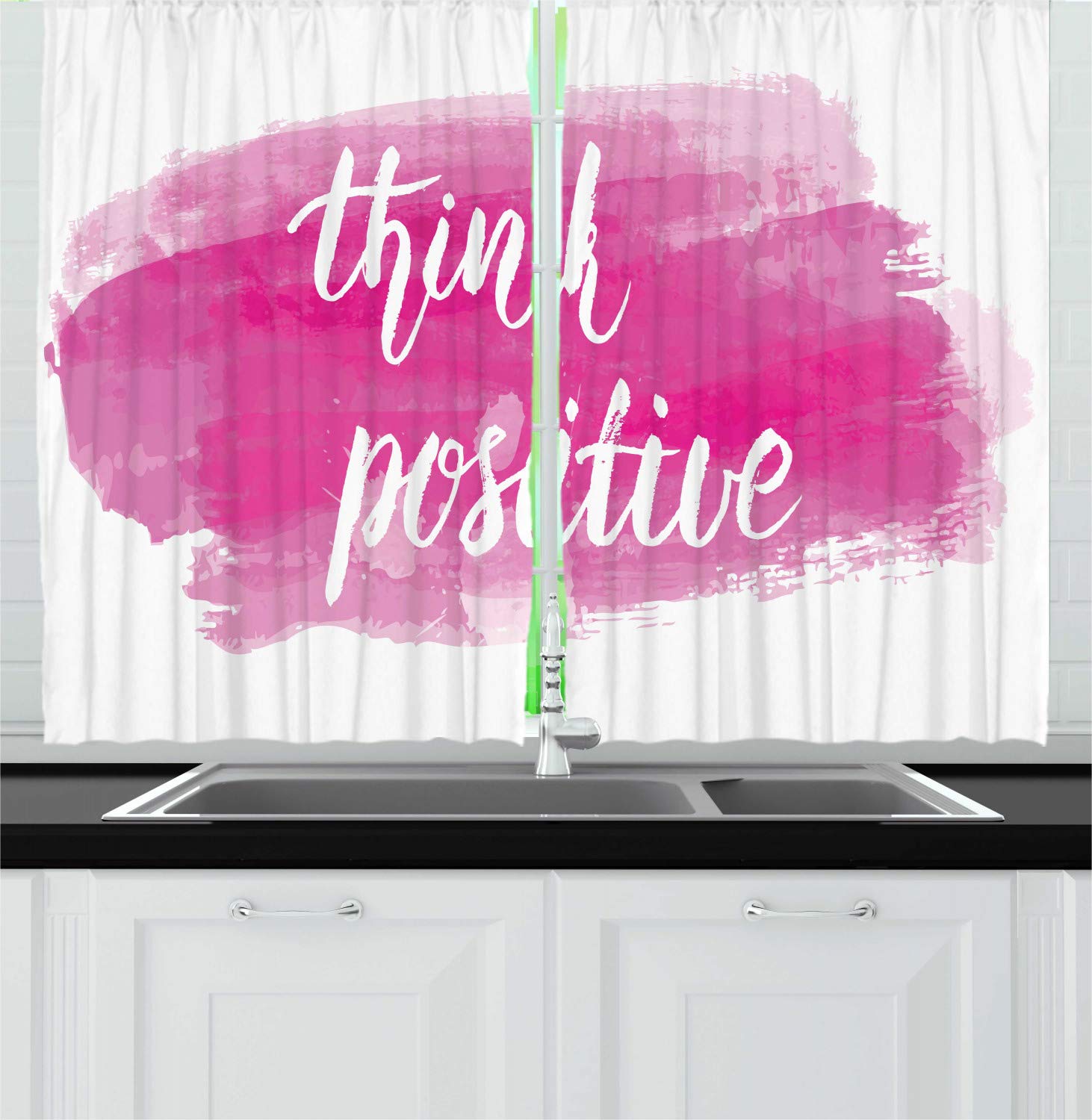 Ambesonne Positive Energy Kitchen Curtains - Monochrome Cursive Lettering on Brushstroke Design, 2 Panel Window Drapes Set 55